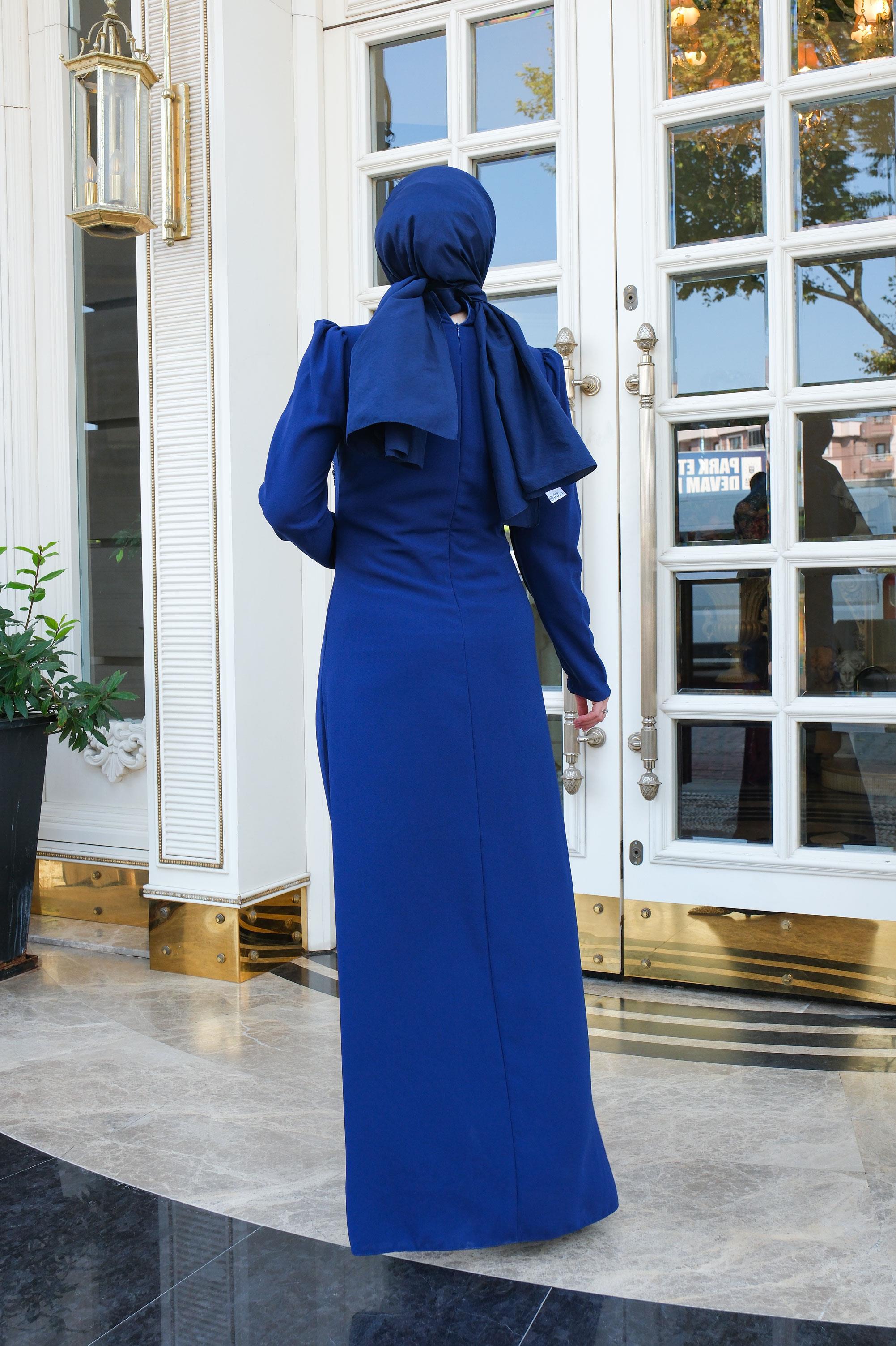 Çiçek Taş Aksesuarlı Abiye Saks Mavi