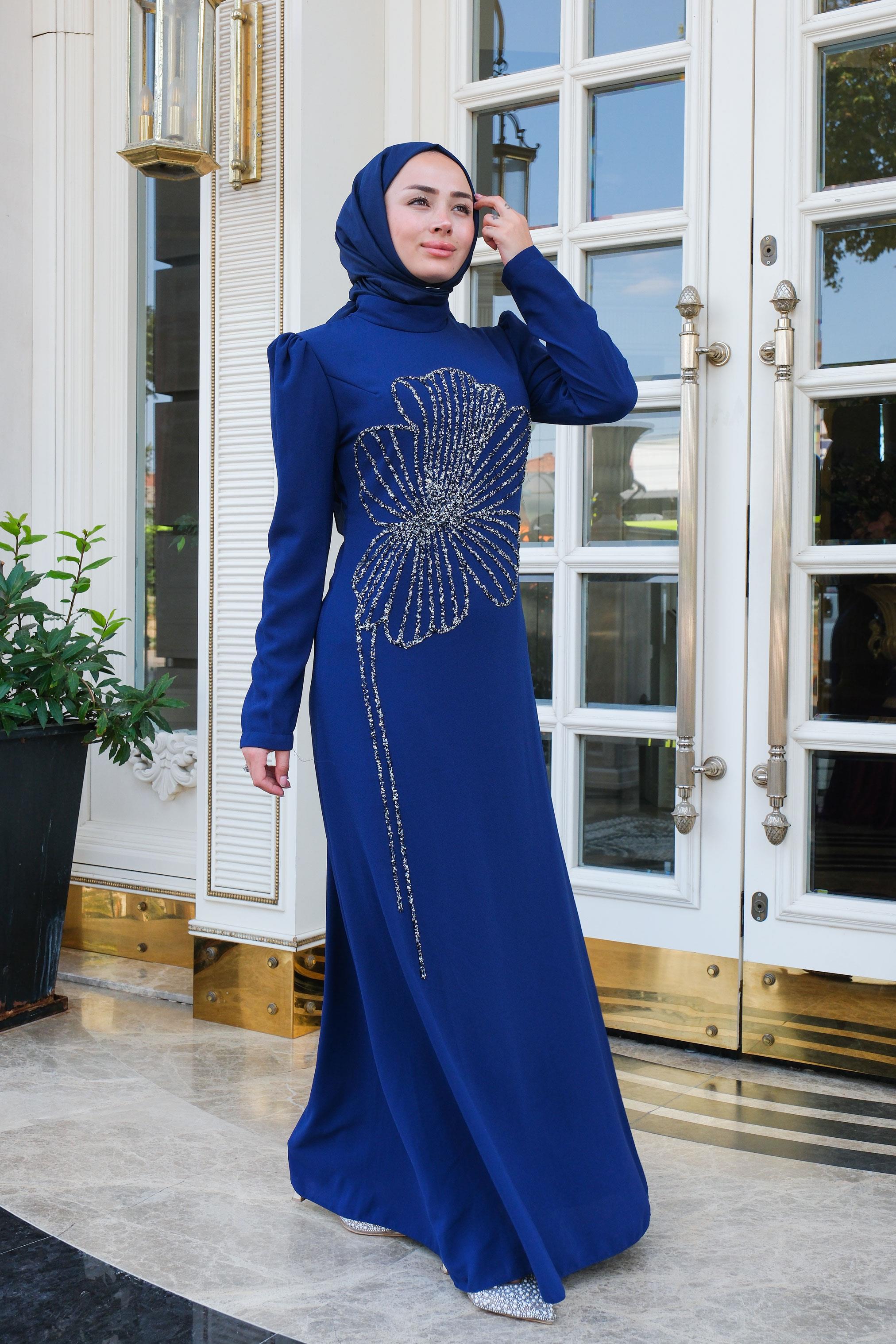 Çiçek Taş Aksesuarlı Abiye Saks Mavi