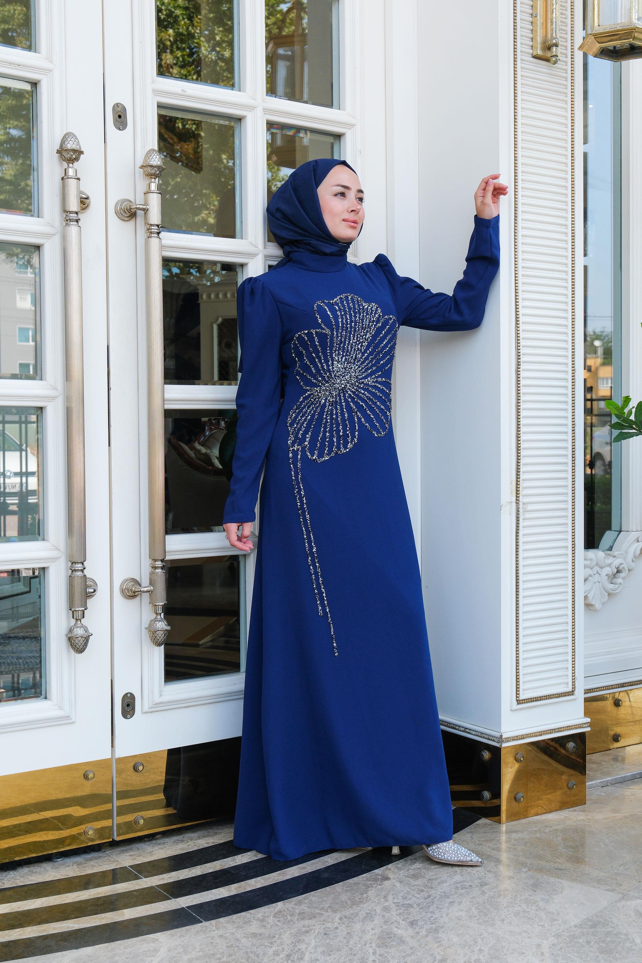 Çiçek Taş Aksesuarlı Abiye Saks Mavi