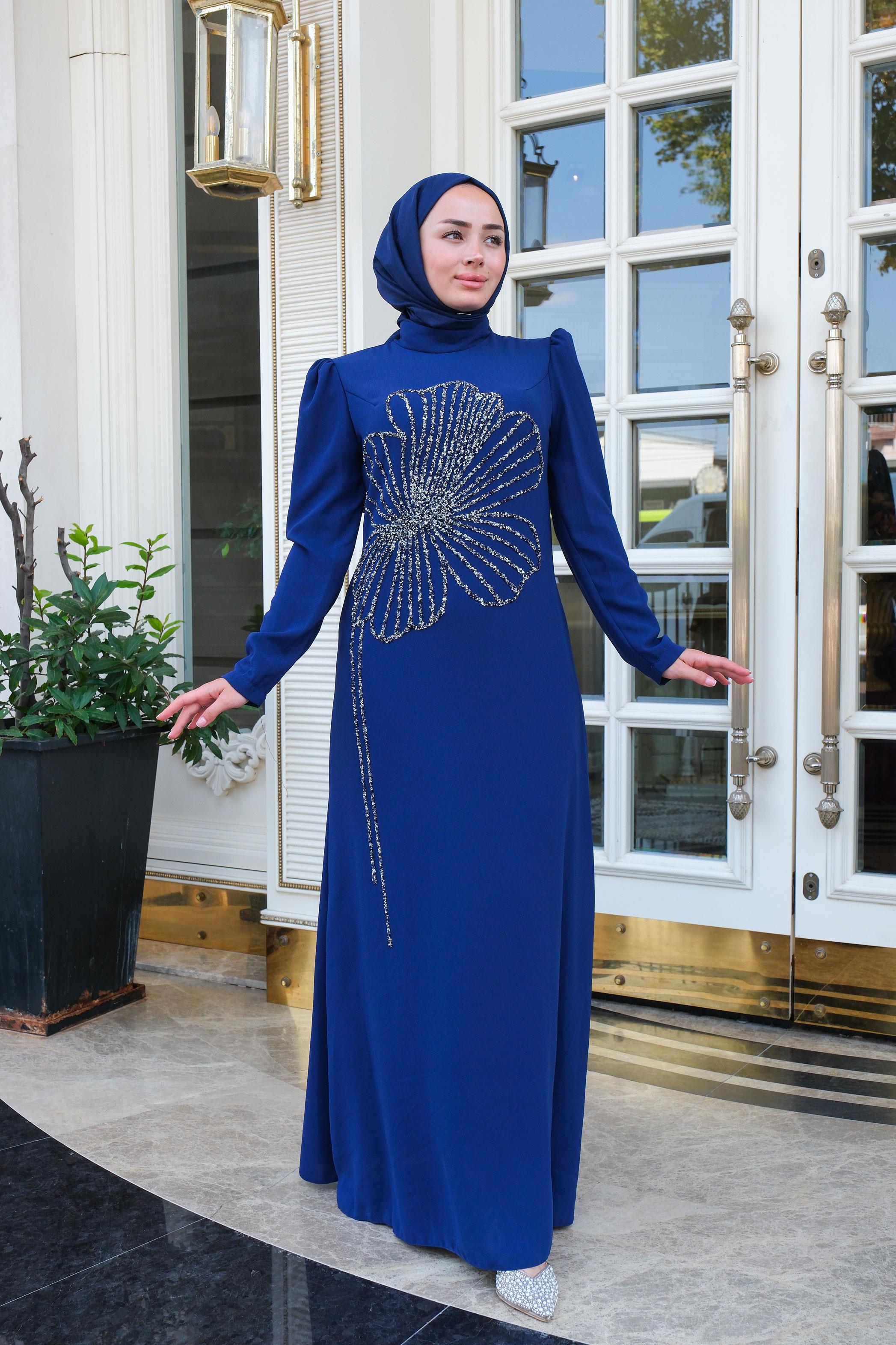 Çiçek Taş Aksesuarlı Abiye Saks Mavi