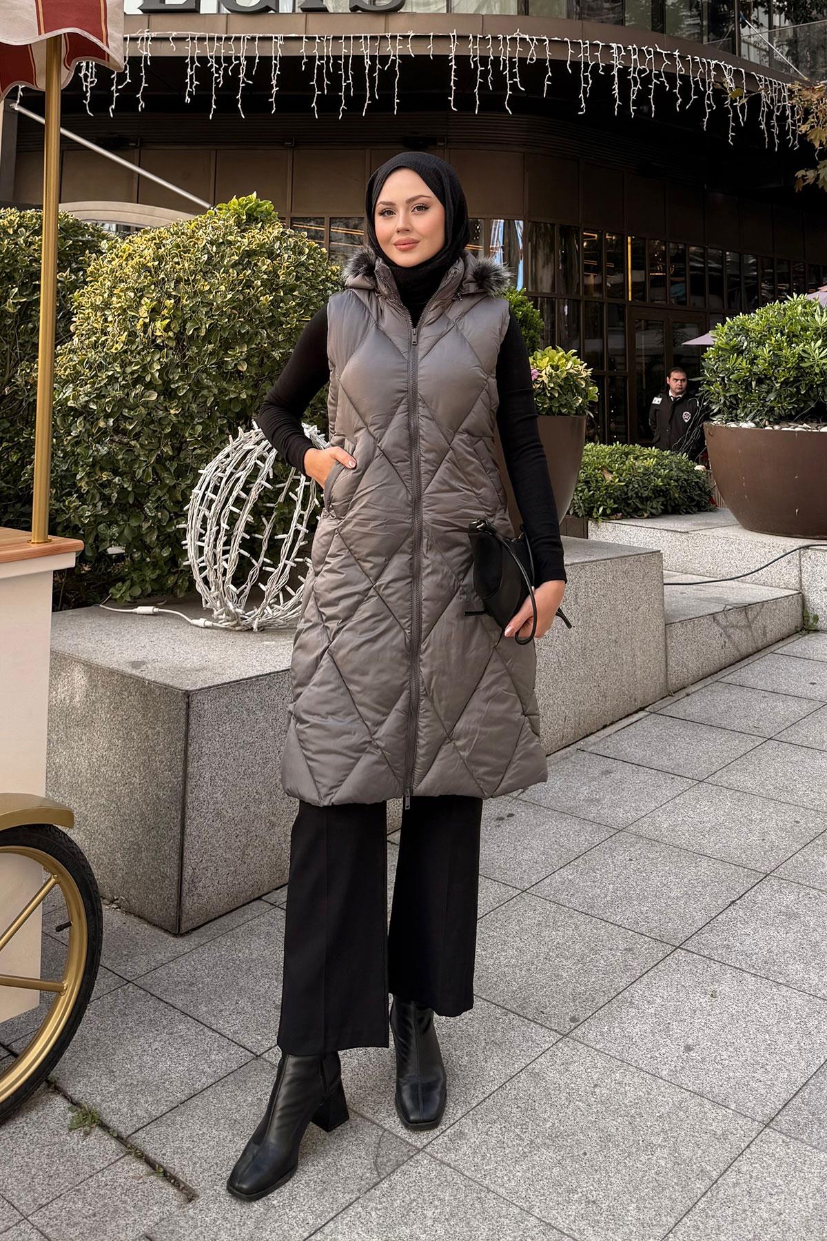 Çift Cepli Kapüşonlu Yelek Gri