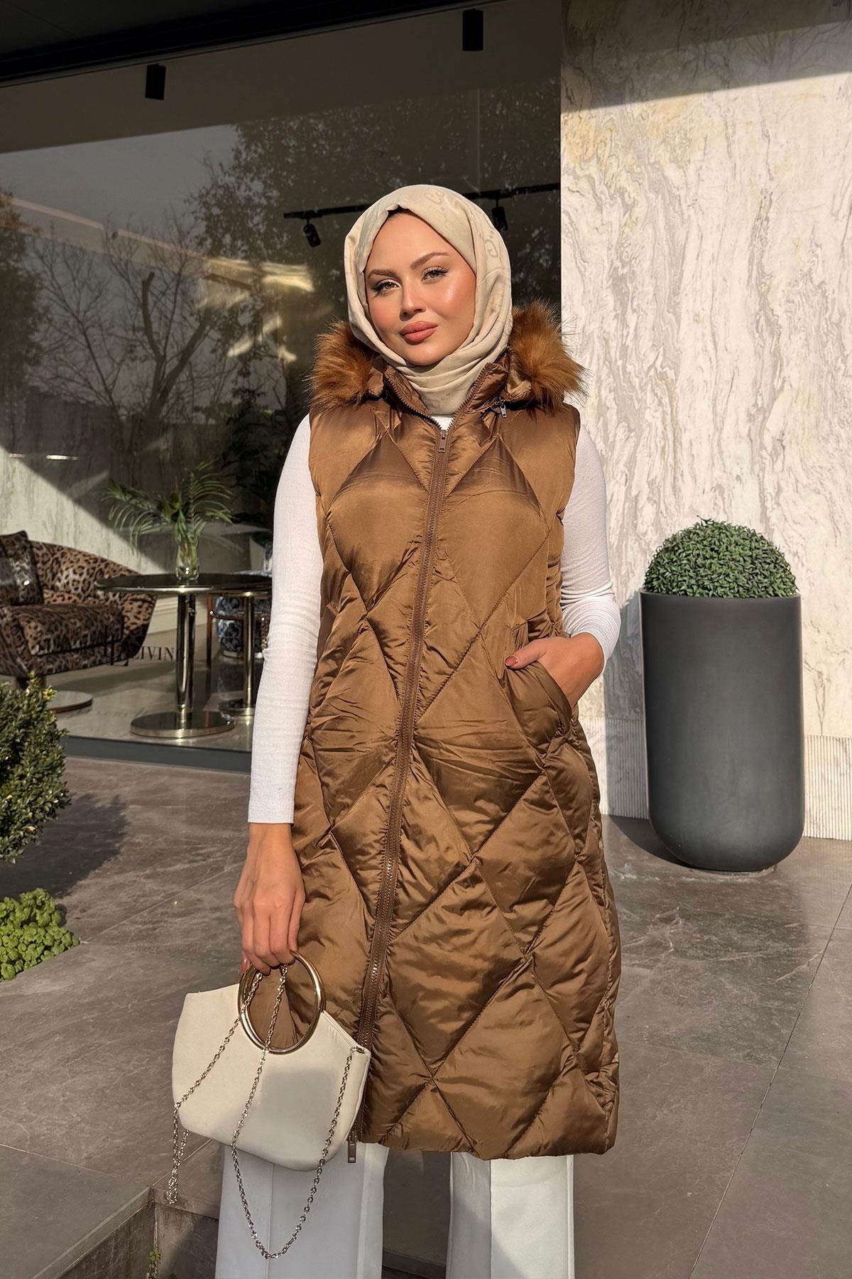 Çift Cepli Kapüşonlu Yelek Taba