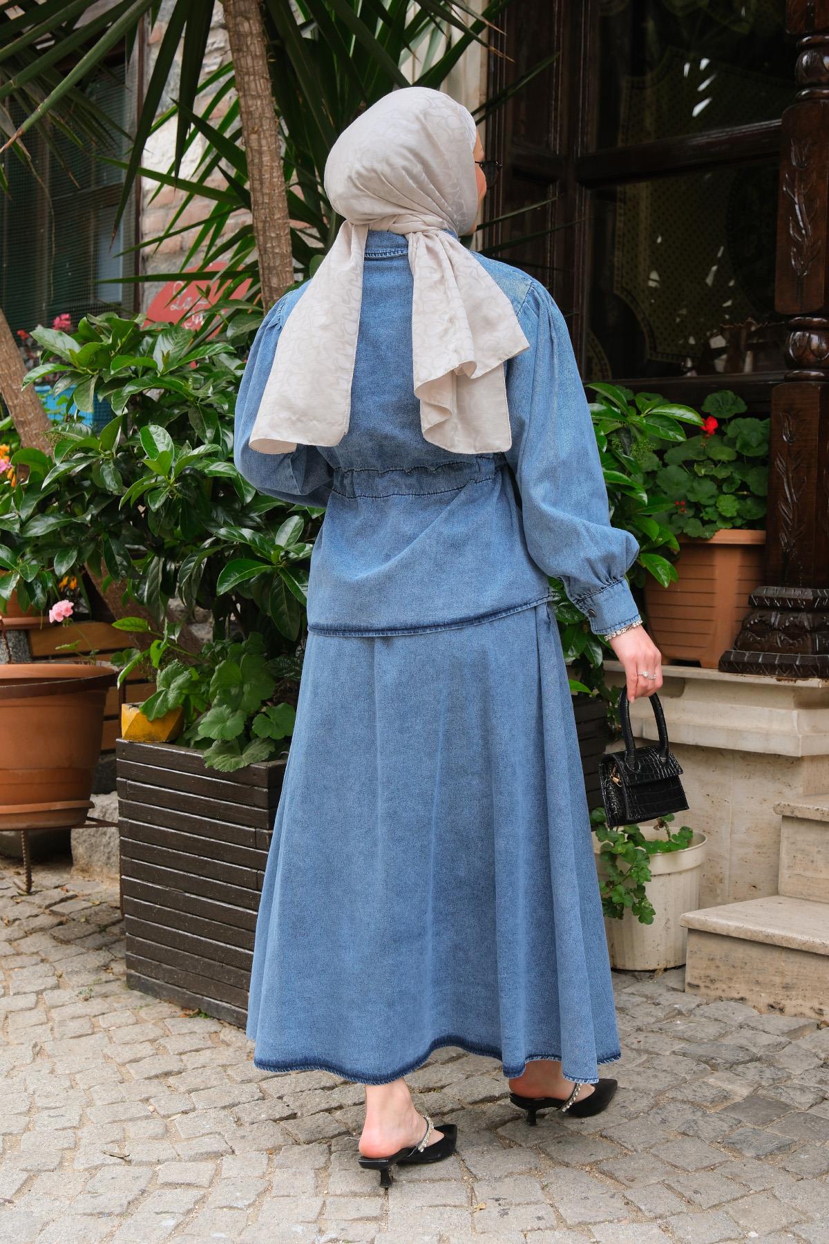 Çift Cepli Kot Detay Takım Mavi