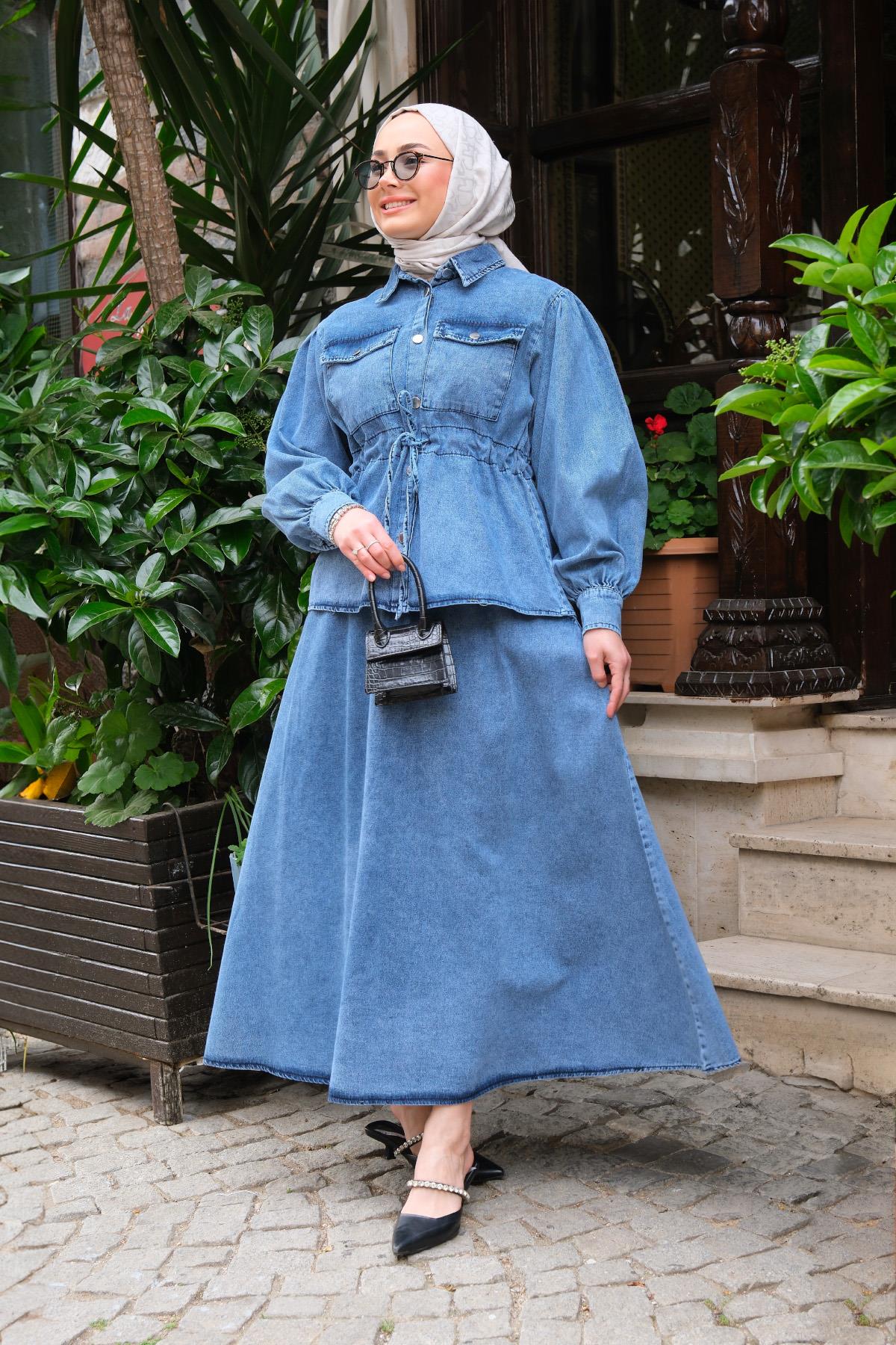 Çift Cepli Kot Detay Takım Mavi