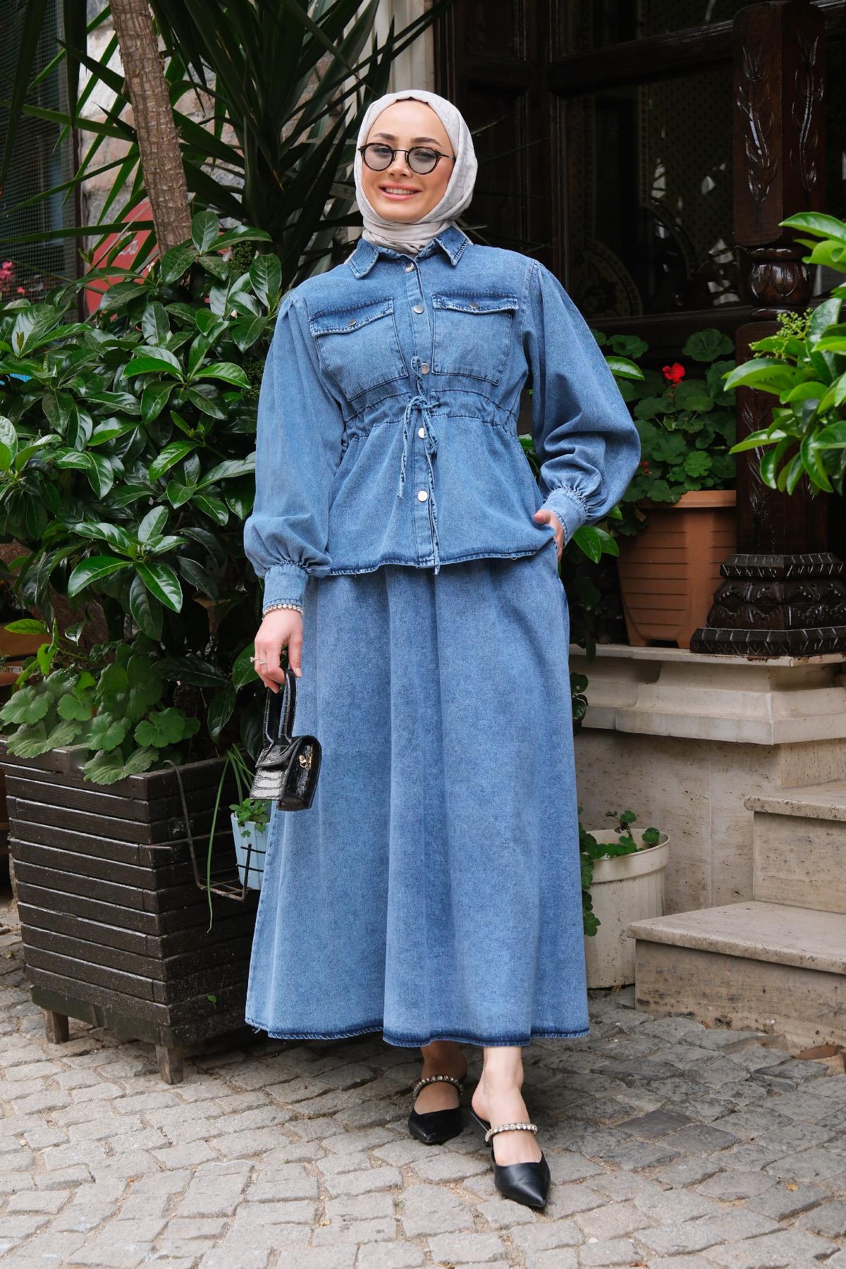 Çift Cepli Kot Detay Takım Mavi