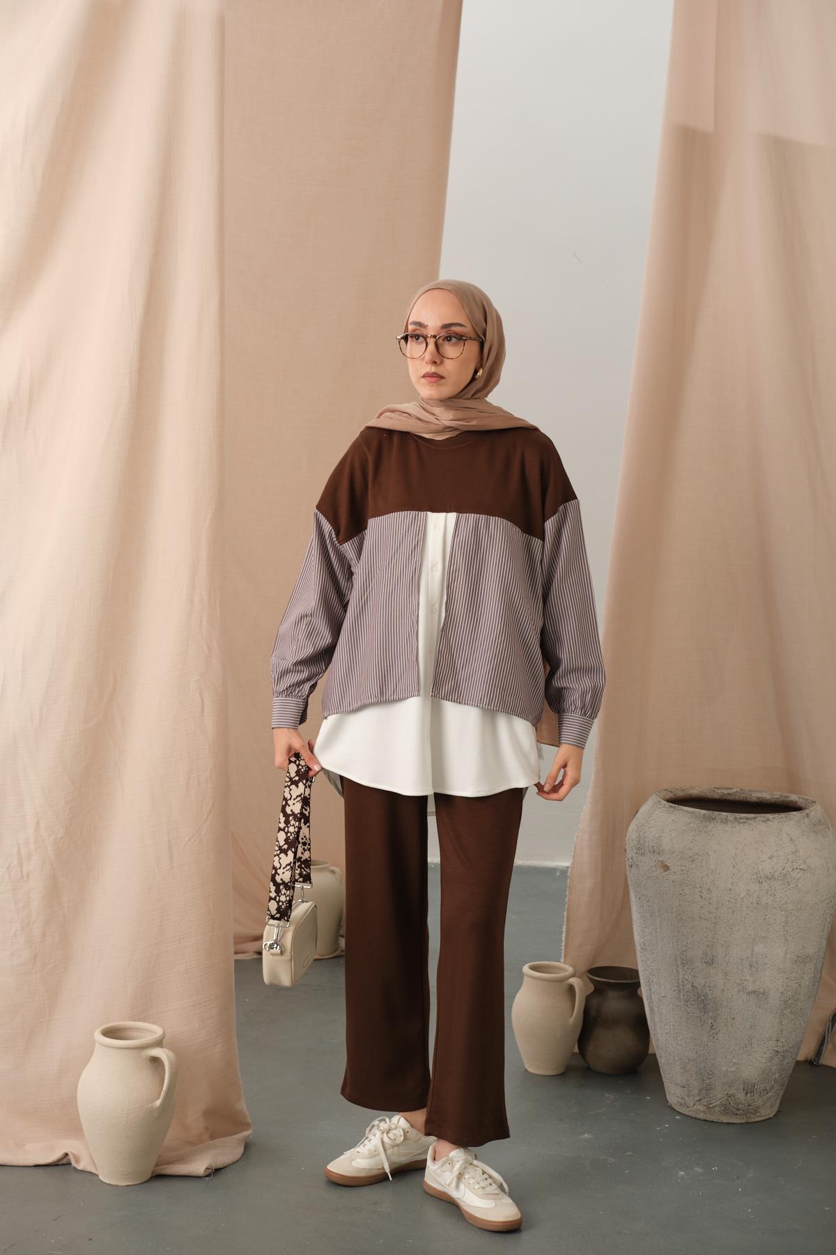 Çift Garni Detay Takım Kahverengi