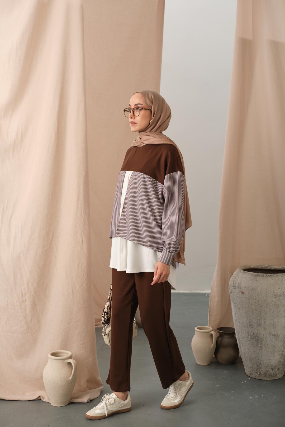 Çift Garni Detay Takım Kahverengi