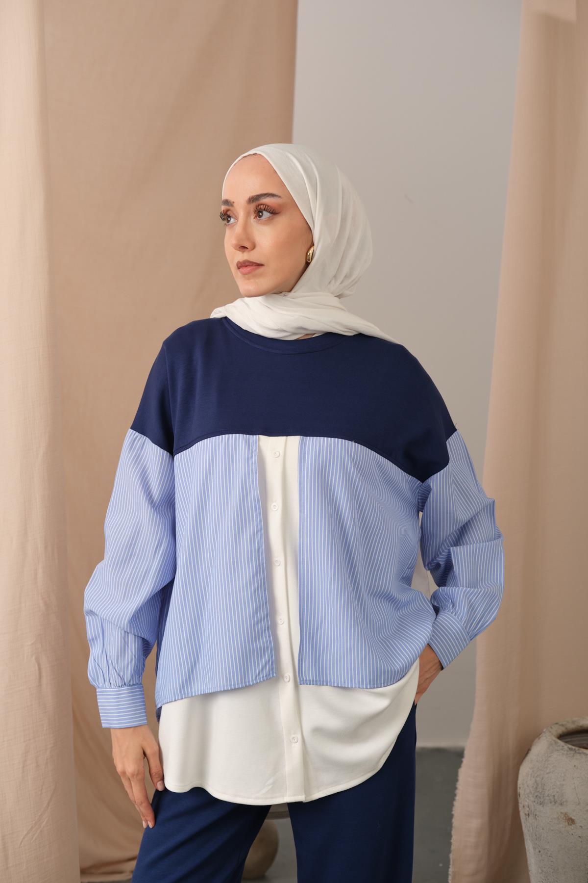 Çift Garni Detay Takım Lacivert