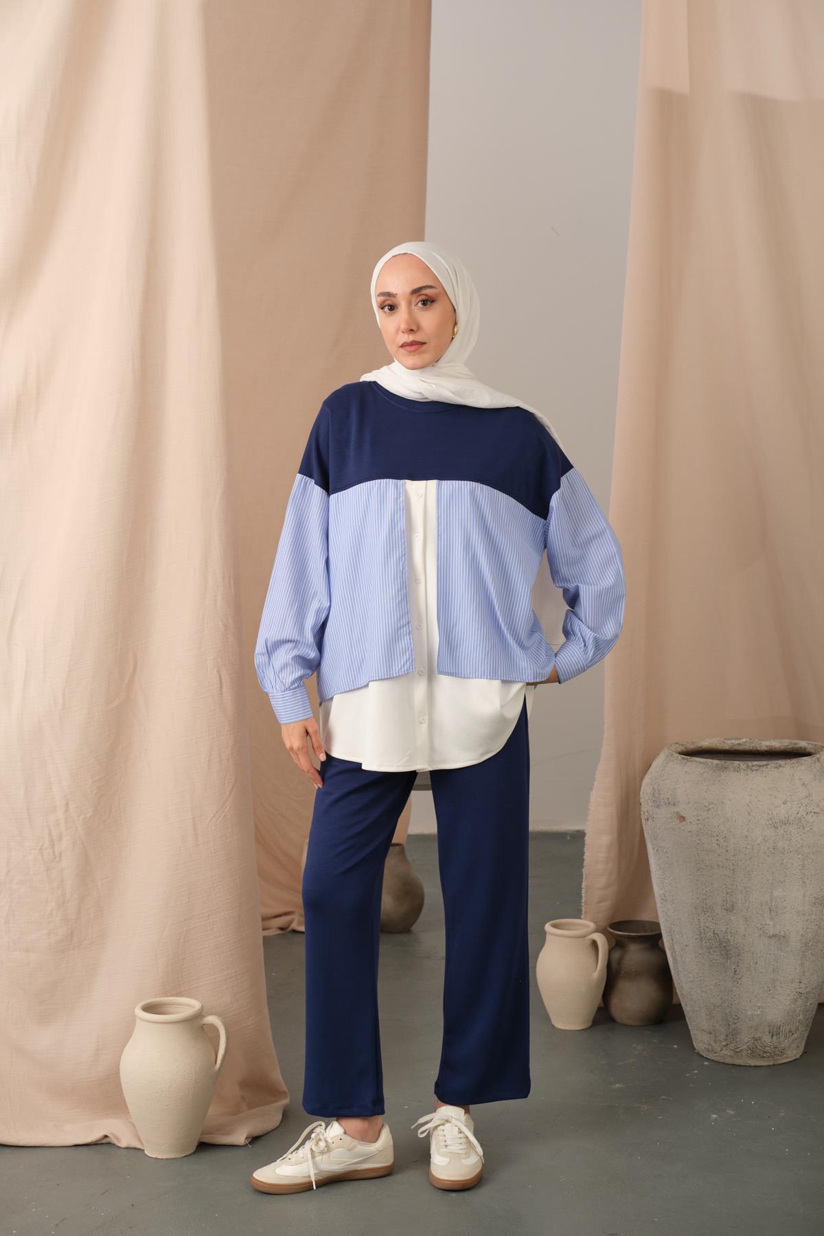 Çift Garni Detay Takım Lacivert