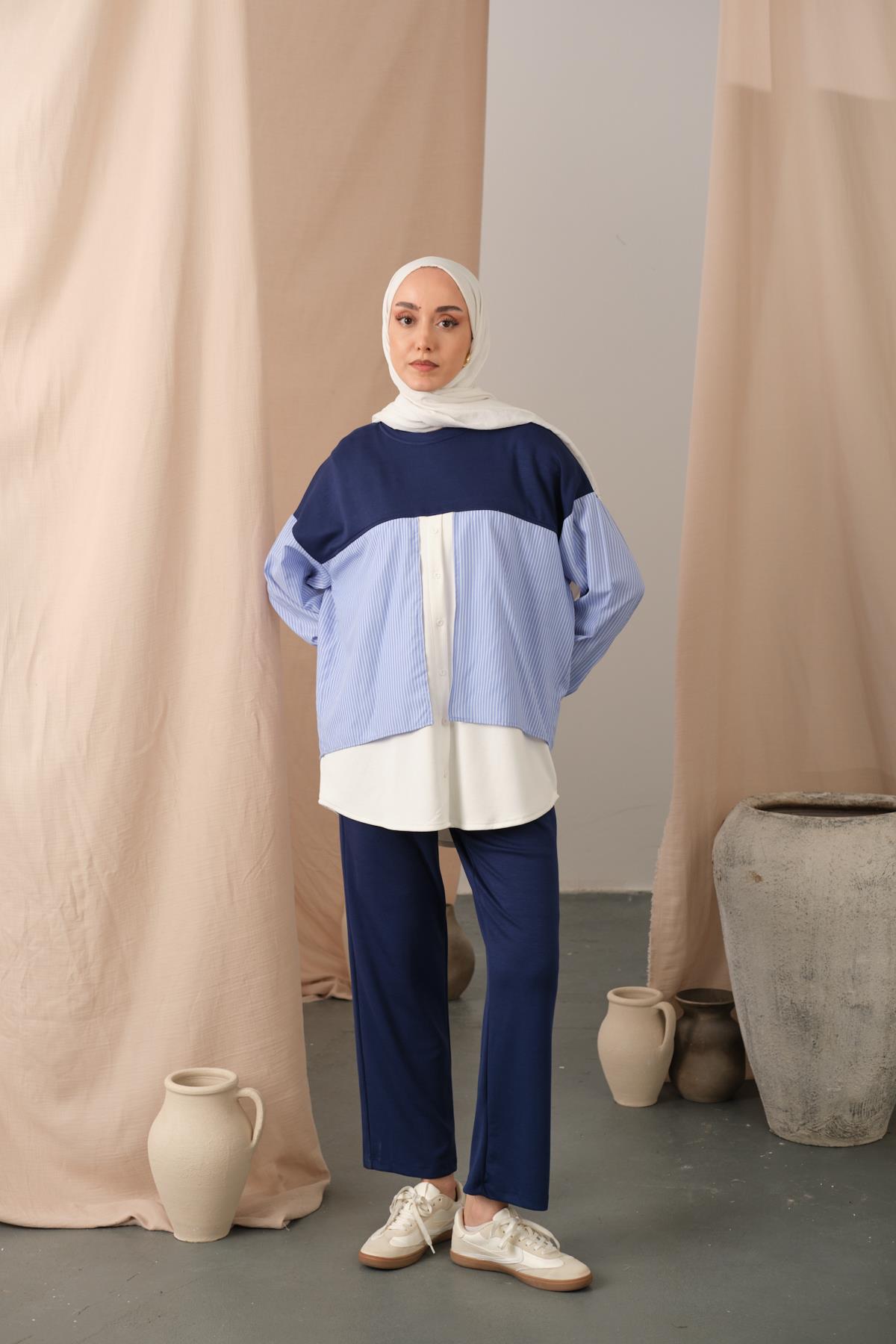 Çift Garni Detay Takım Lacivert