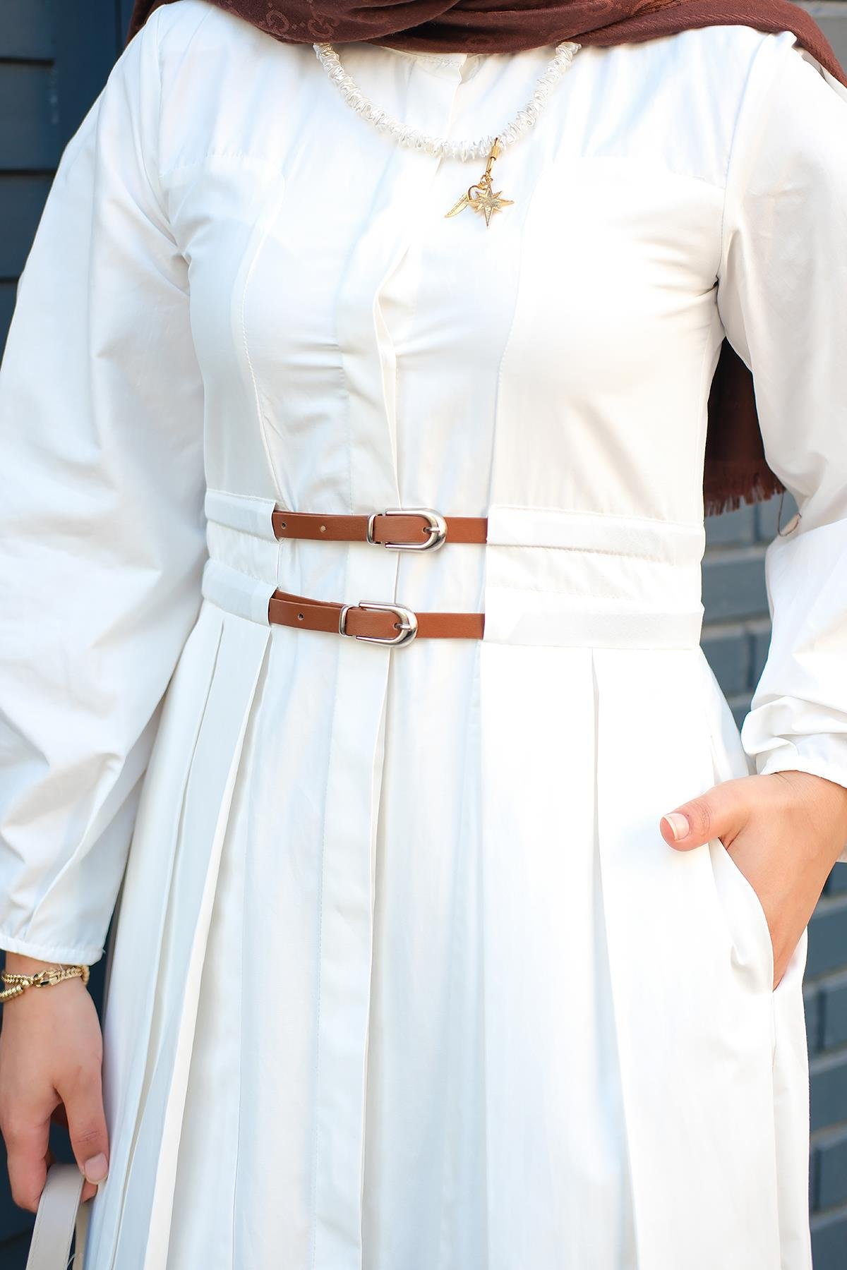 Çift Kemer Bağlamalı Elbise Beyaz