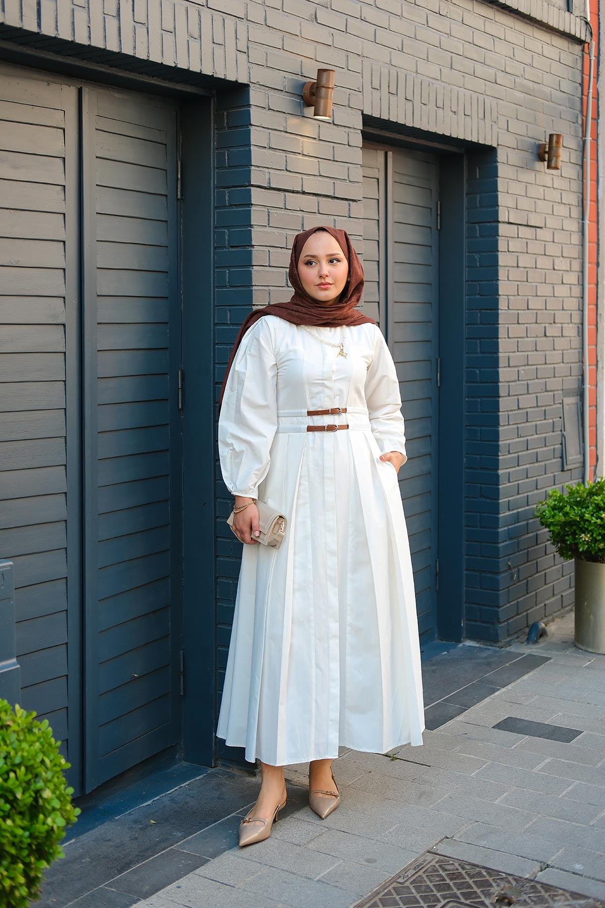 Çift Kemer Bağlamalı Elbise Beyaz