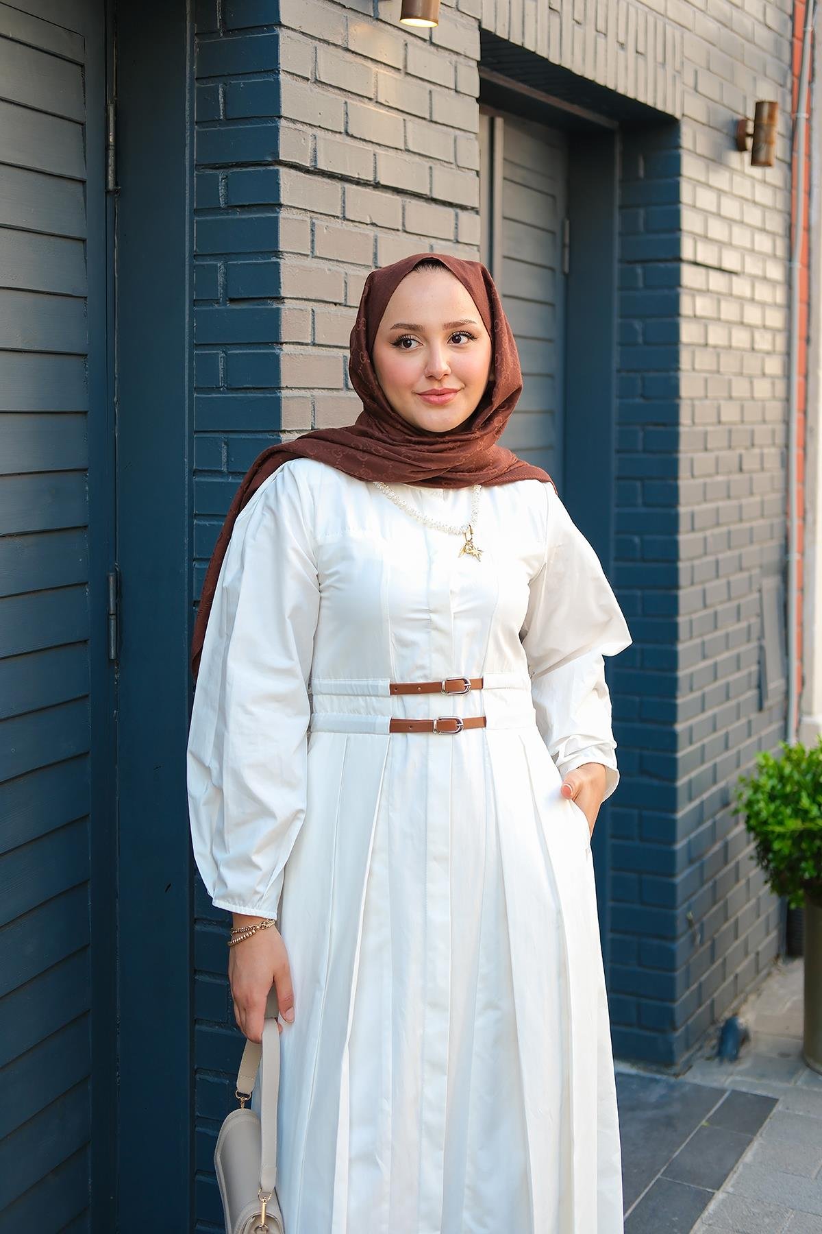 Çift Kemer Bağlamalı Elbise Beyaz