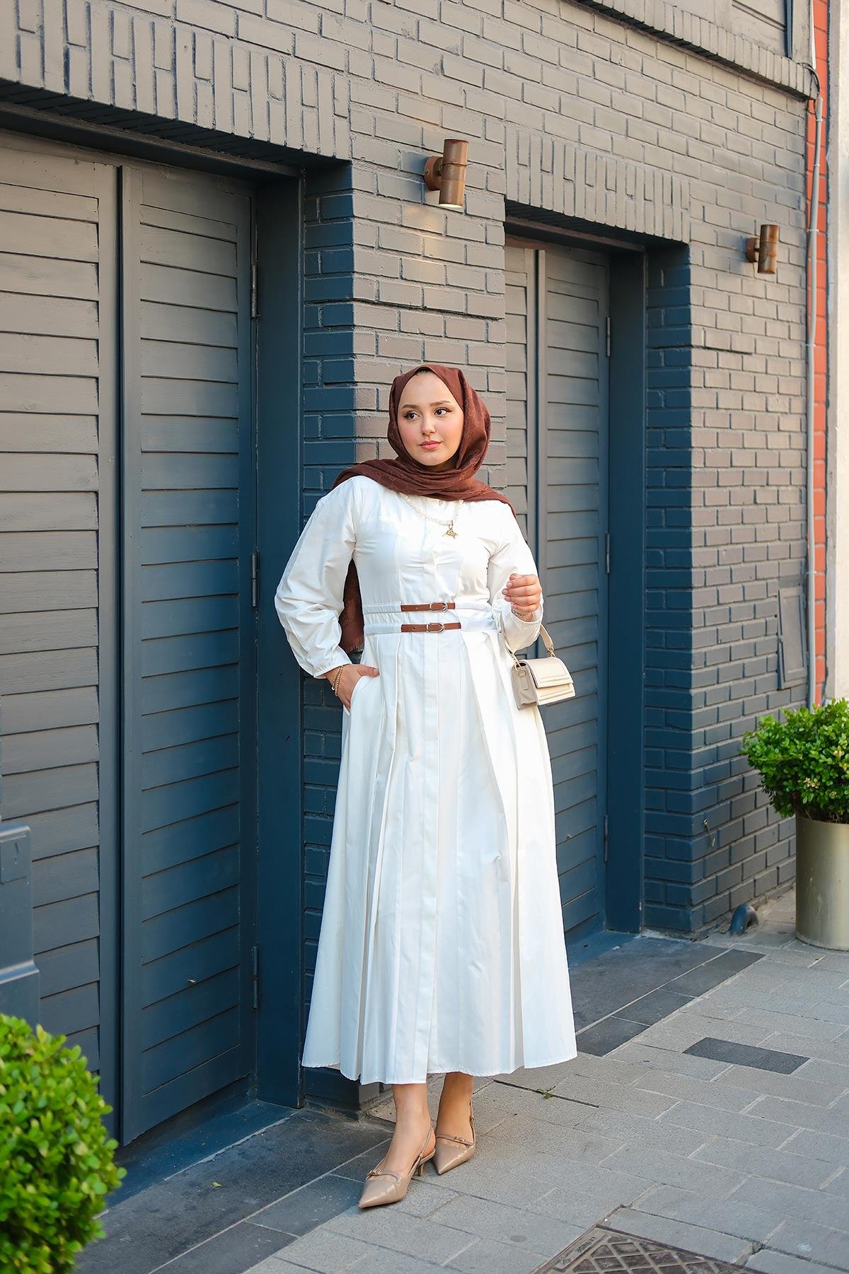 Çift Kemer Bağlamalı Elbise Beyaz