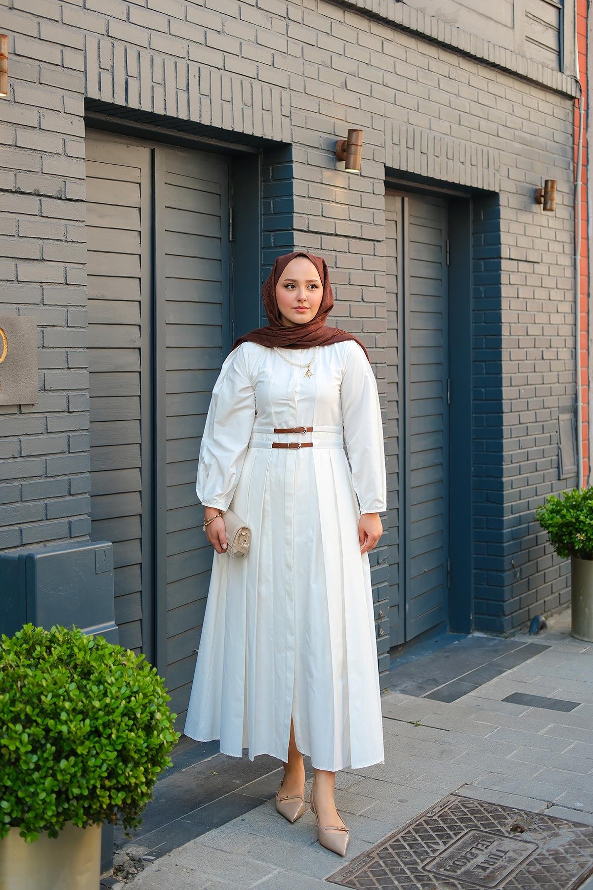 Çift Kemer Bağlamalı Elbise Beyaz