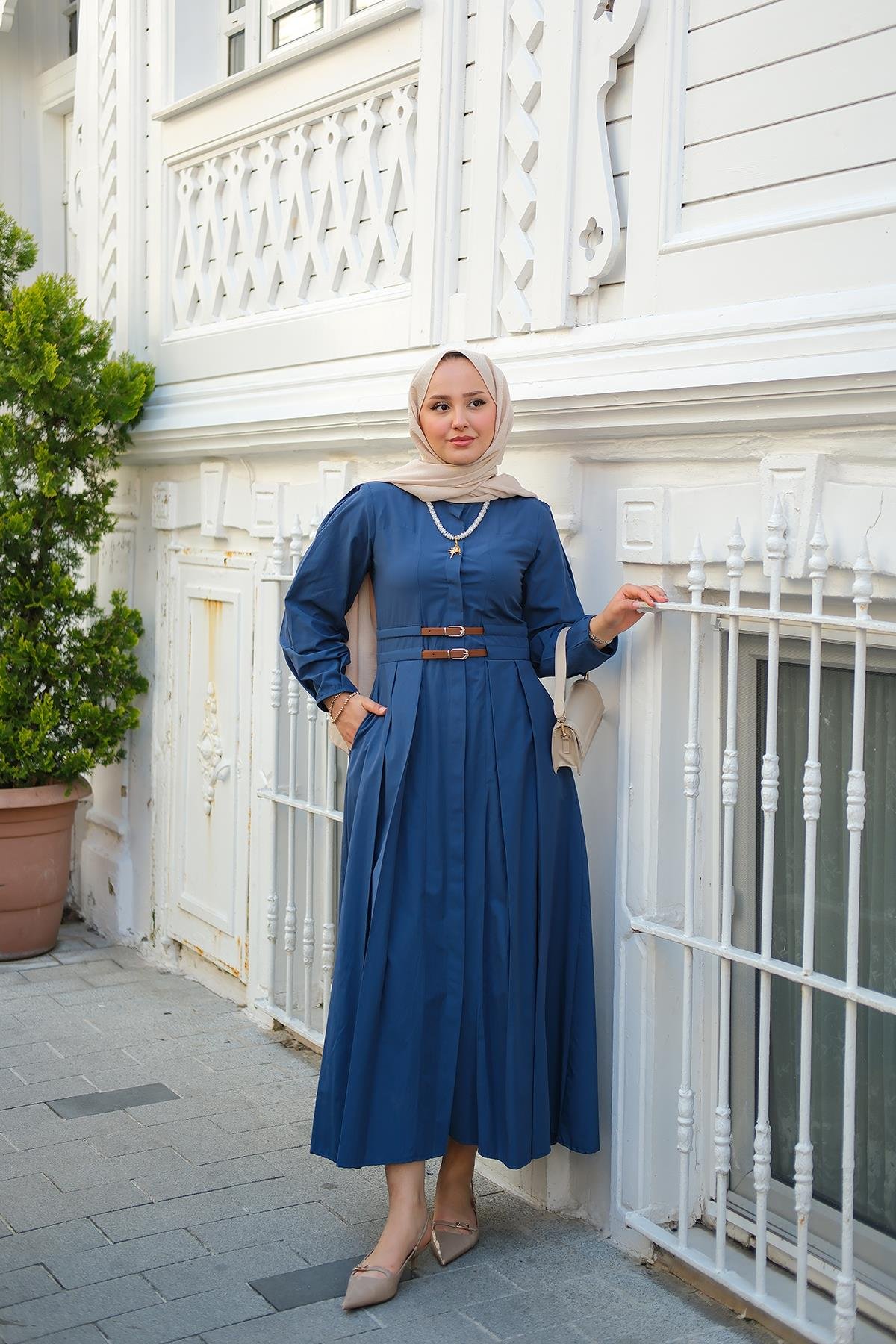 Çift Kemer Bağlamalı Elbise Lacivert