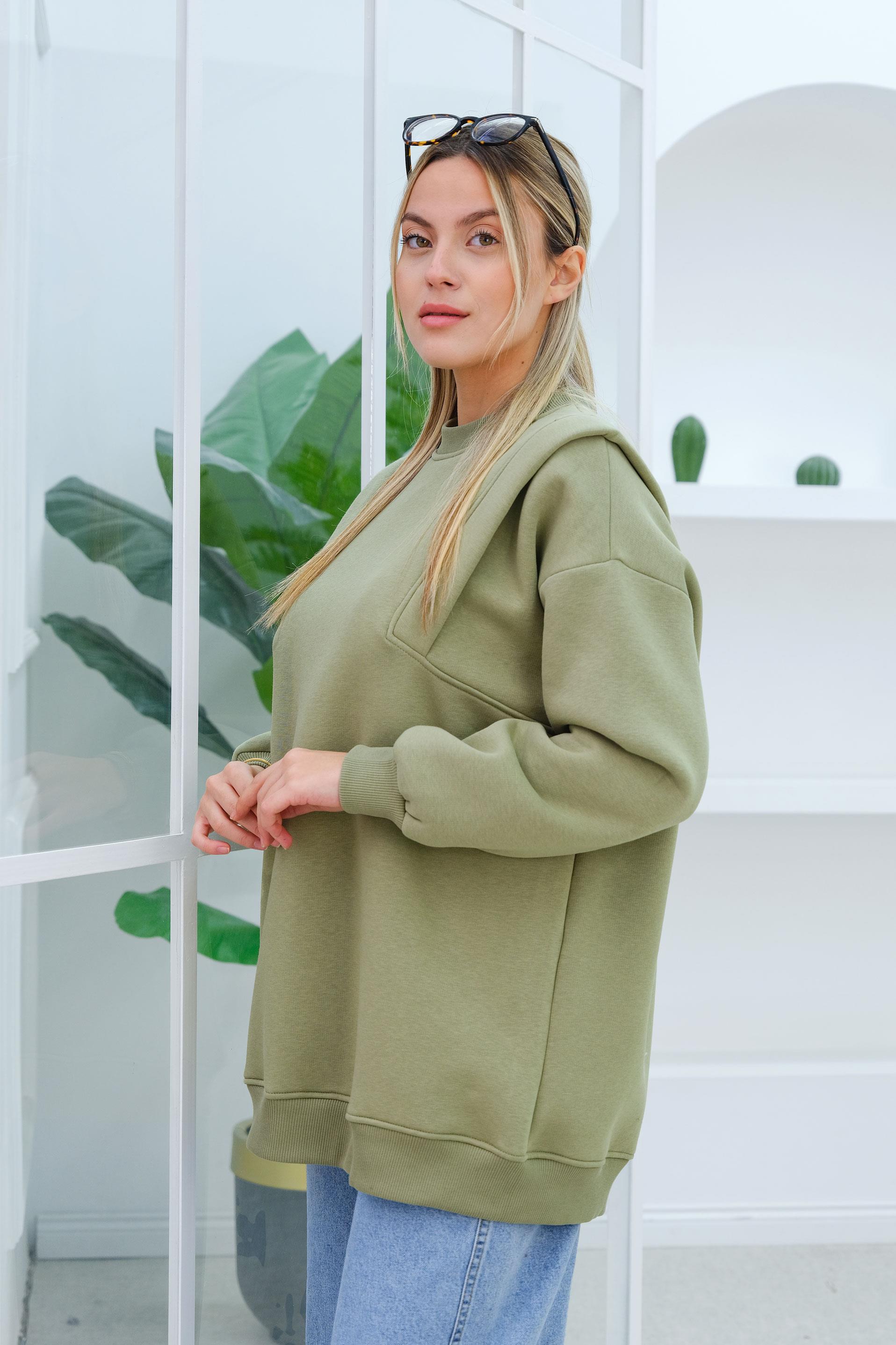 Çift Omuz Detaylı Sweat Yeşil