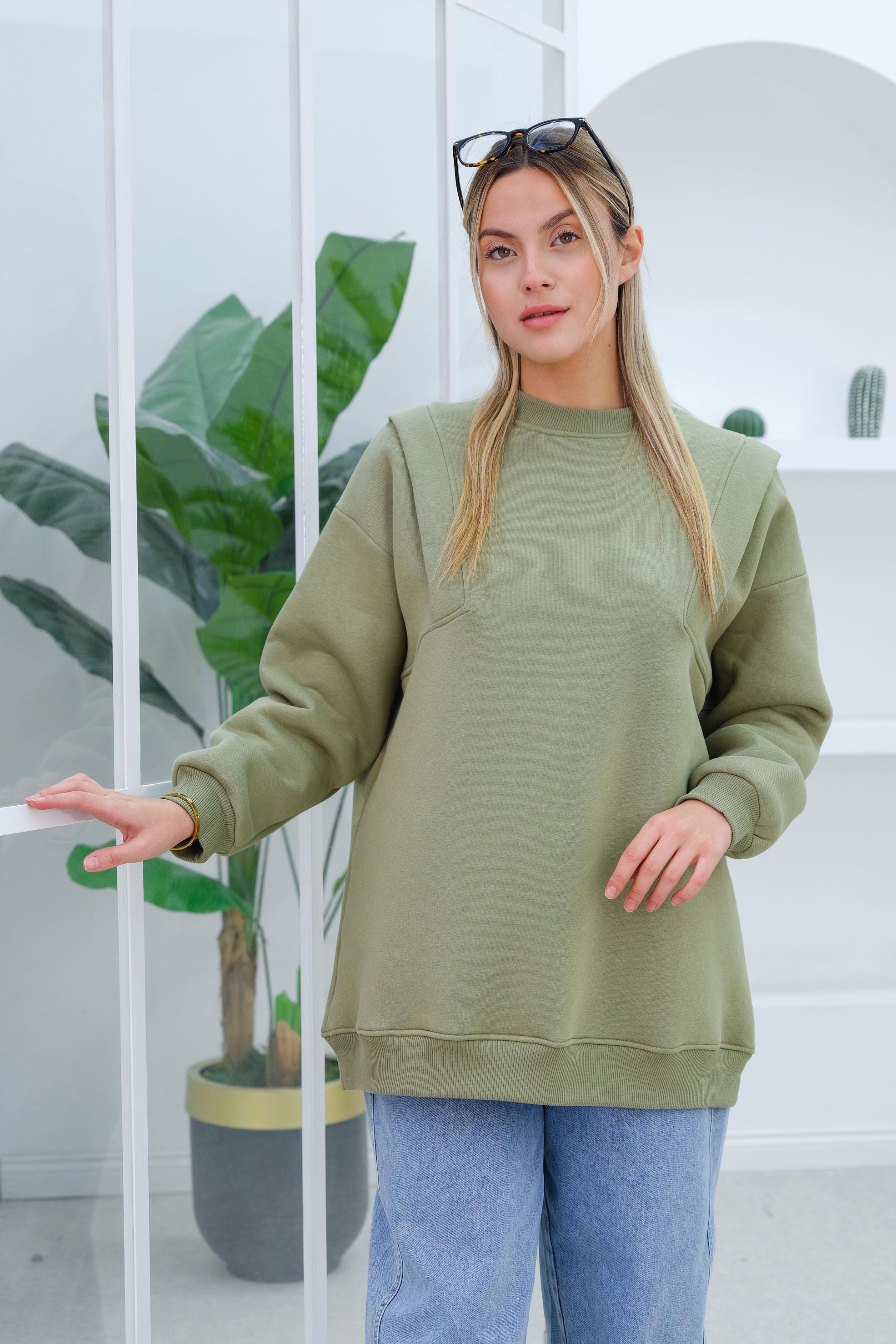 Çift Omuz Detaylı Sweat Yeşil