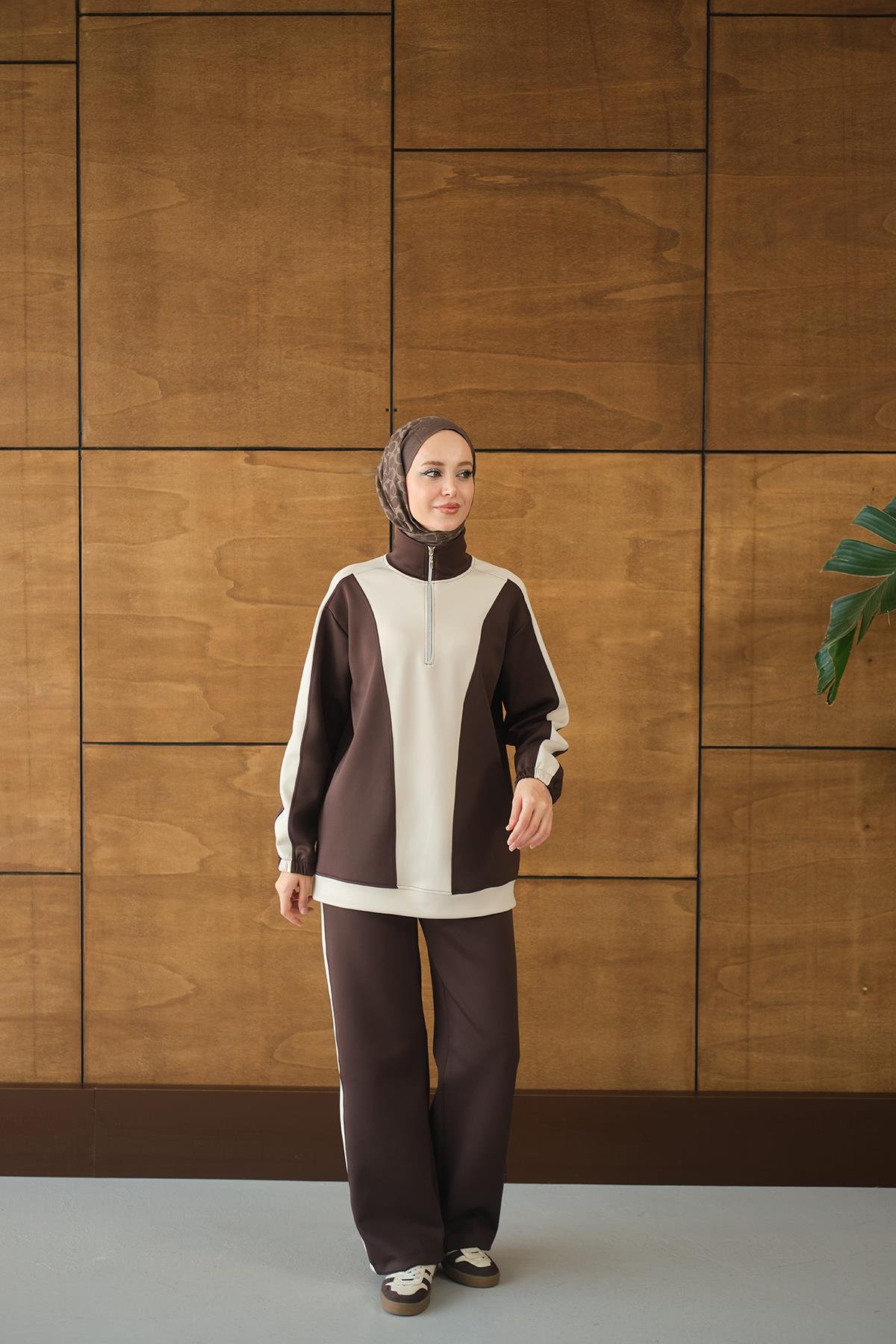 Çift Renk Fermuar Detay Takım Kahverengi