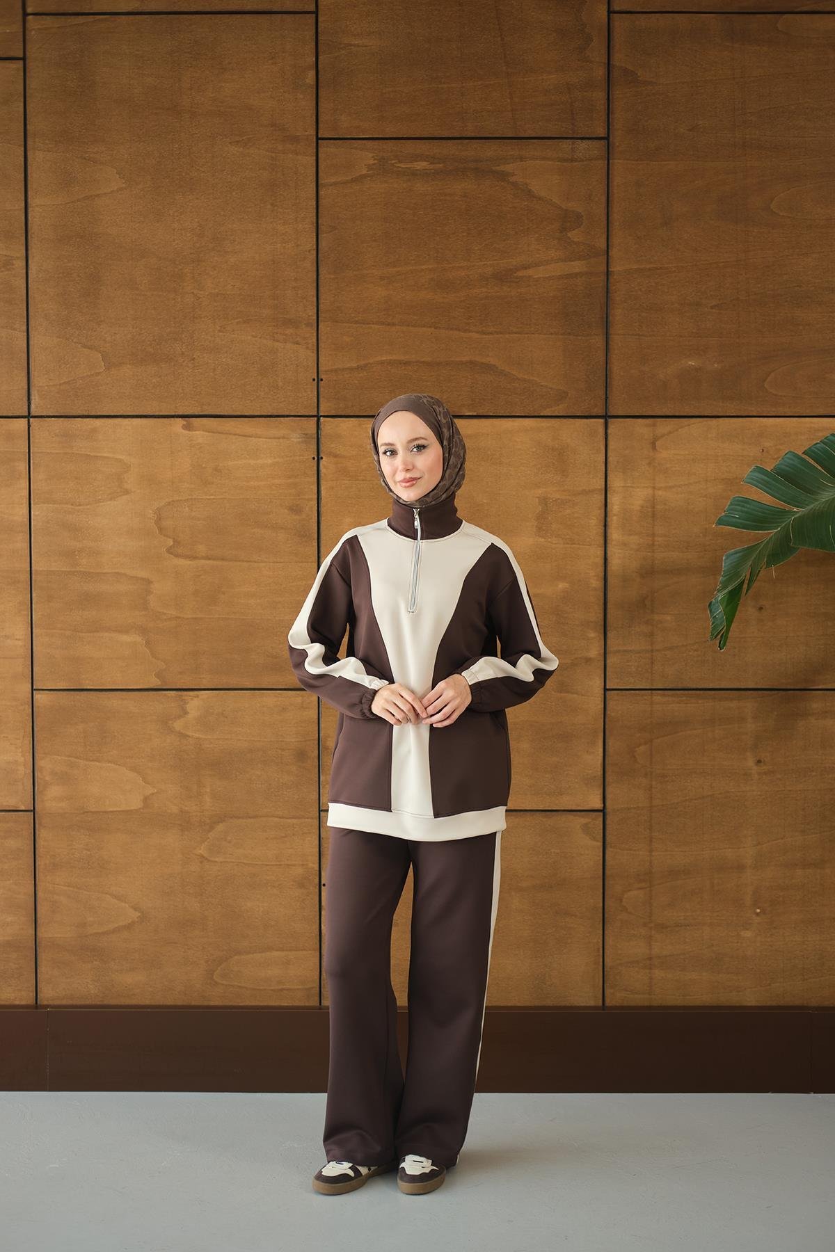 Çift Renk Fermuar Detay Takım Kahverengi