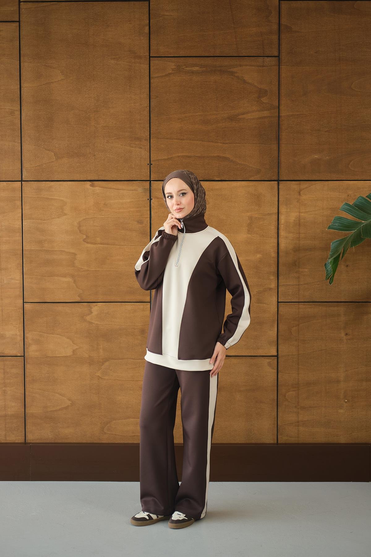 Çift Renk Fermuar Detay Takım Kahverengi