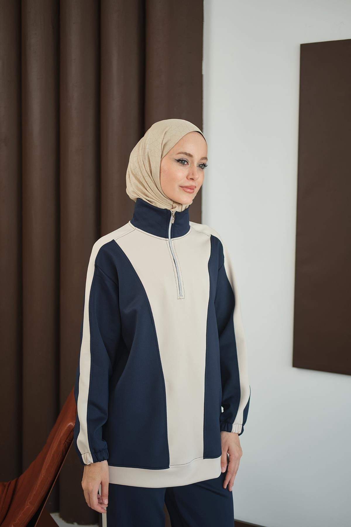 Çift Renk Fermuar Detay Takım Lacivert