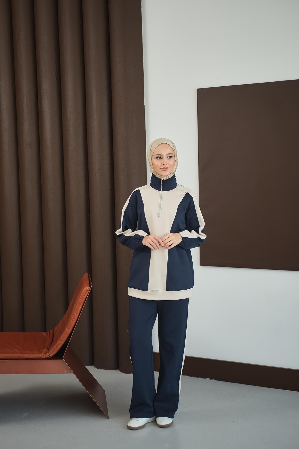 Çift Renk Fermuar Detay Takım Lacivert