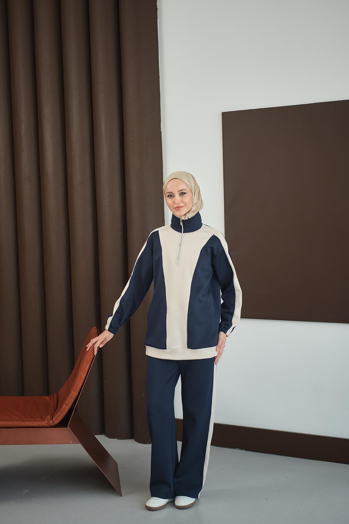 Çift Renk Fermuar Detay Takım Lacivert