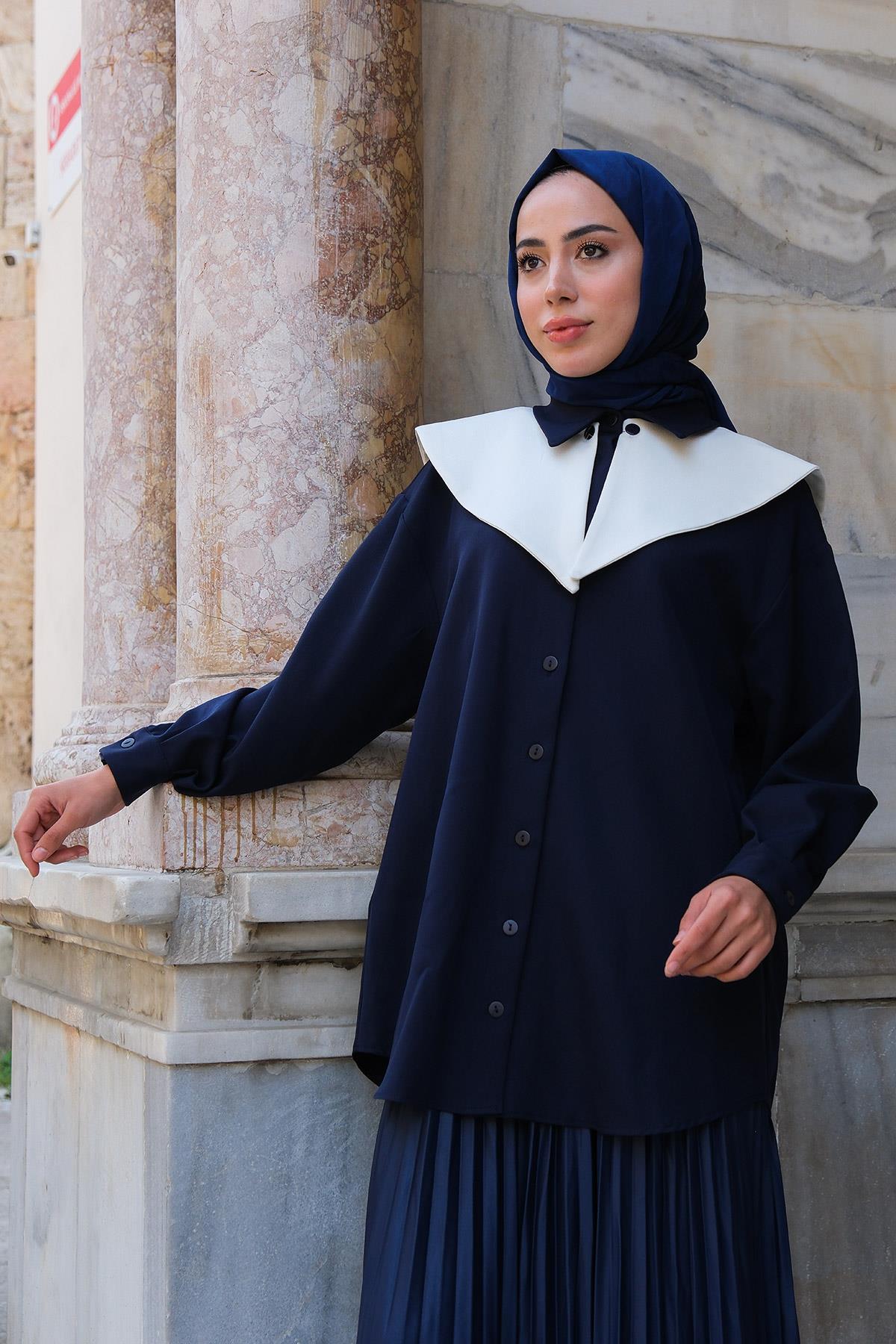 Çıkarılabilir Gemici Yaka Gömlek Lacivert