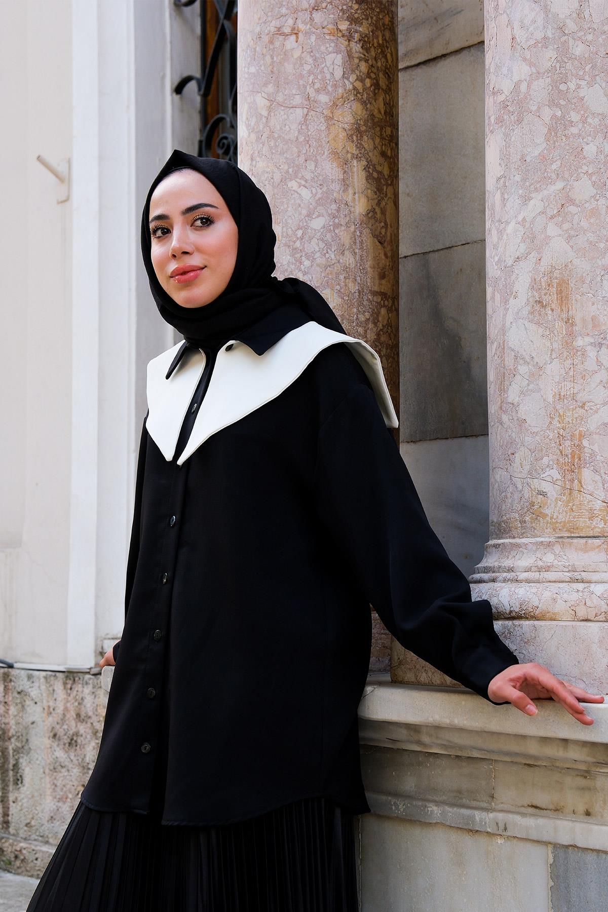 Çıkarılabilir Gemici Yaka Gömlek Siyah