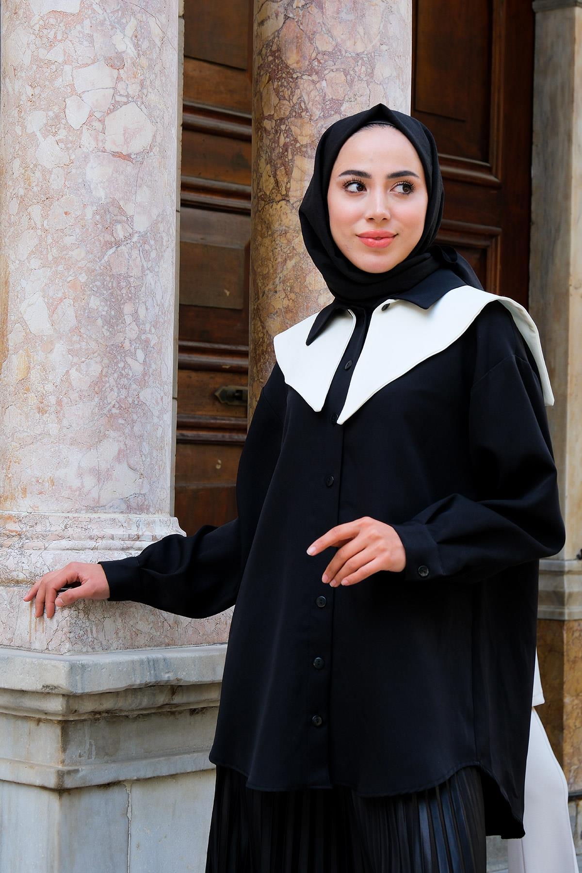 Çıkarılabilir Gemici Yaka Gömlek Siyah