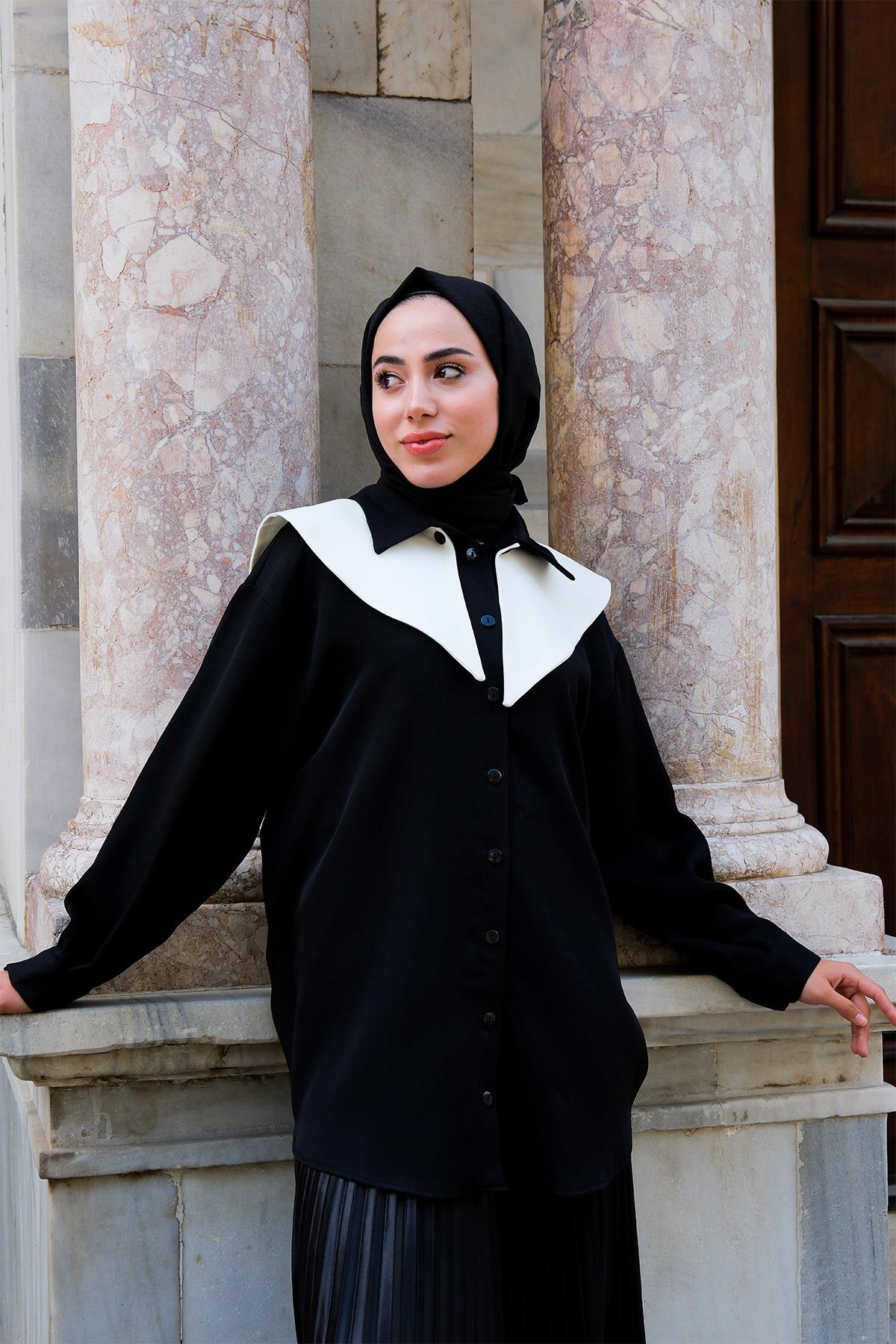 Çıkarılabilir Gemici Yaka Gömlek Siyah