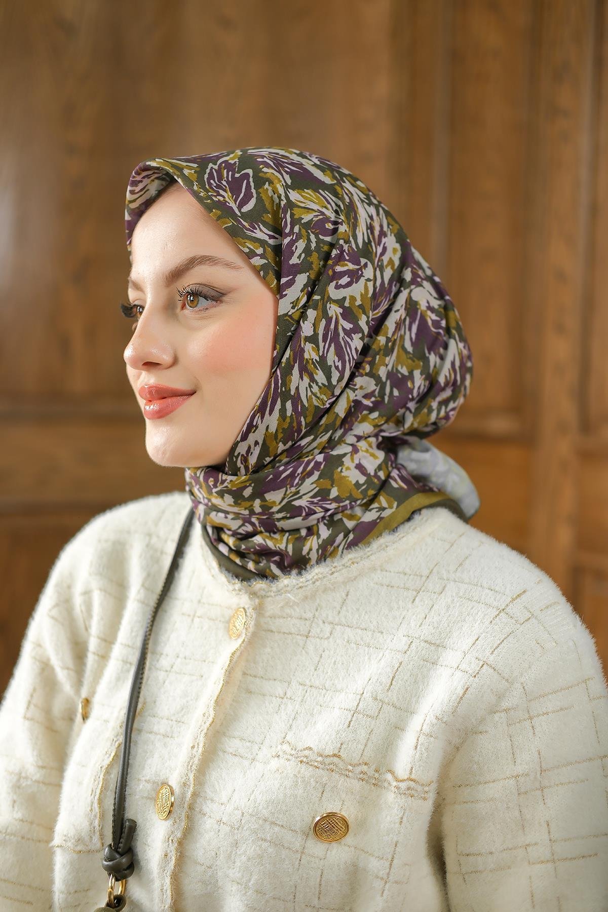 Çınar Desen Soft Şal Haki Yeşil