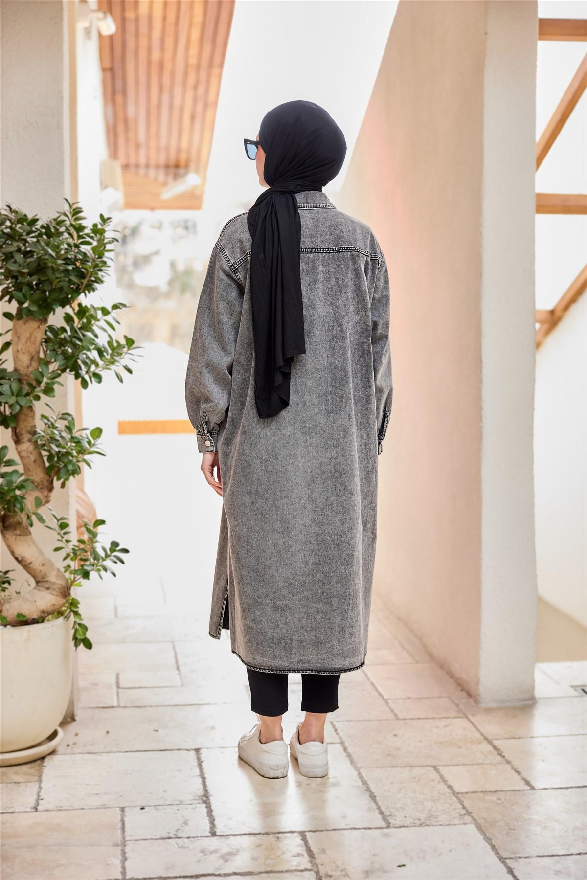 Çıt Çıt Detaylı Midi Boy Kot Ceket Antrasit