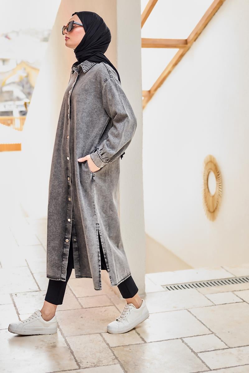 Çıt Çıt Detaylı Midi Boy Kot Ceket Antrasit
