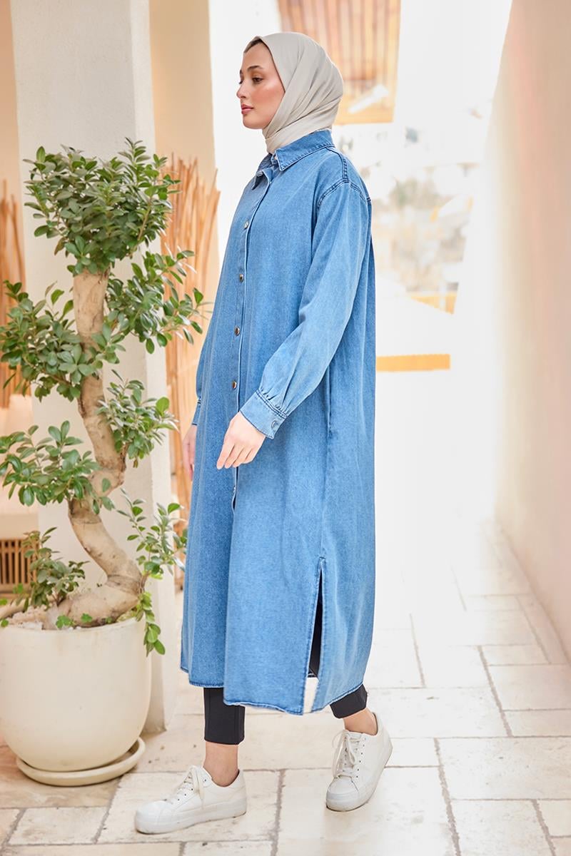 Çıt Çıt Detaylı Midi Boy Kot Ceket Buz Mavi