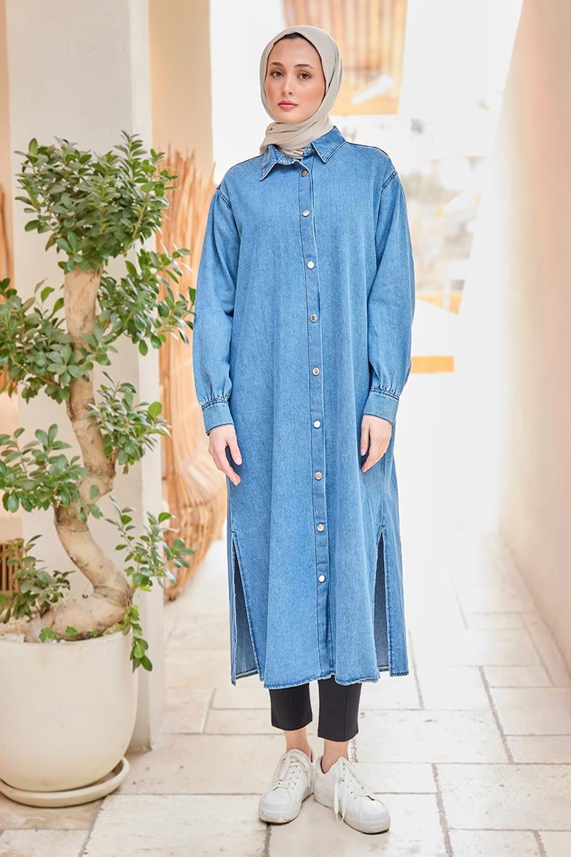 Çıt Çıt Detaylı Midi Boy Kot Ceket Buz Mavi