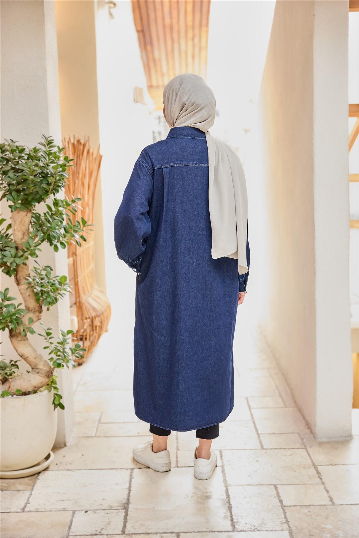 Çıt Çıt Detaylı Midi Boy Kot Ceket Lacivert