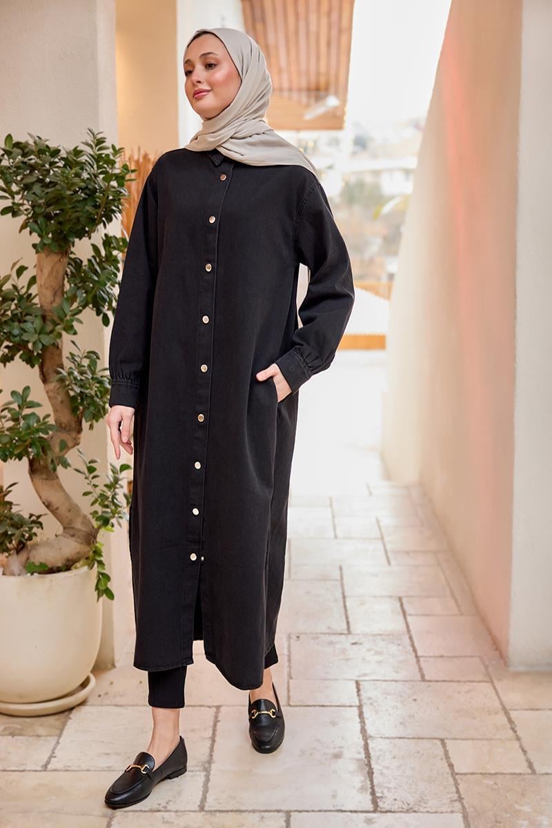 Çıt Çıt Detaylı Midi Boy Kot Ceket Siyah