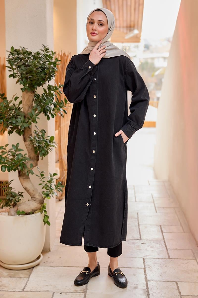 Çıt Çıt Detaylı Midi Boy Kot Ceket Siyah