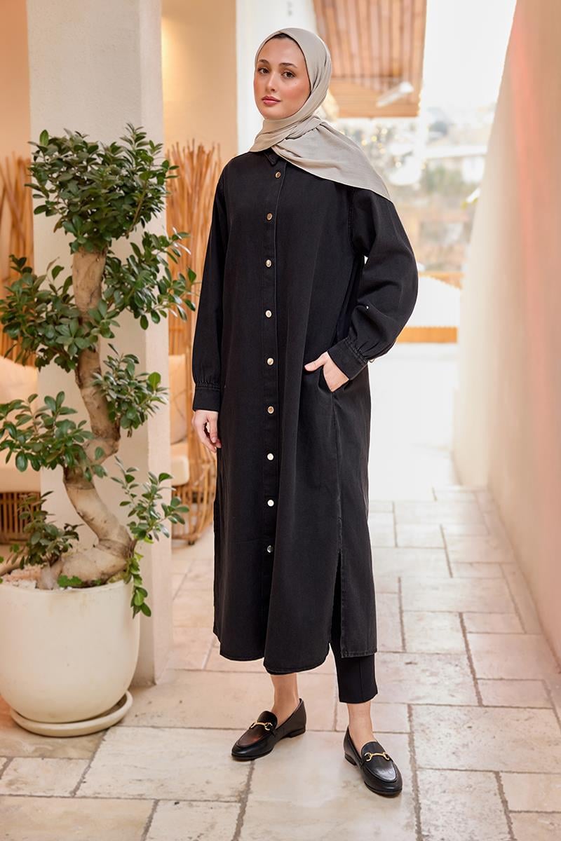 Çıt Çıt Detaylı Midi Boy Kot Ceket Siyah