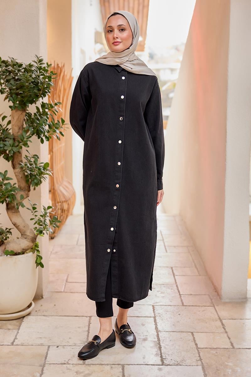 Çıt Çıt Detaylı Midi Boy Kot Ceket Siyah