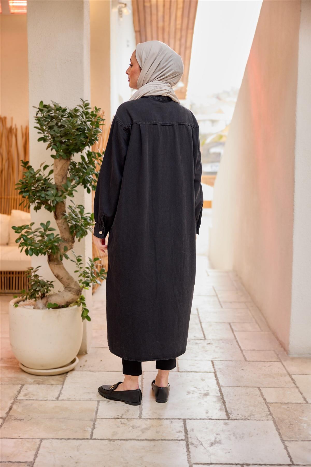 Çıt Çıt Detaylı Midi Boy Kot Ceket Siyah