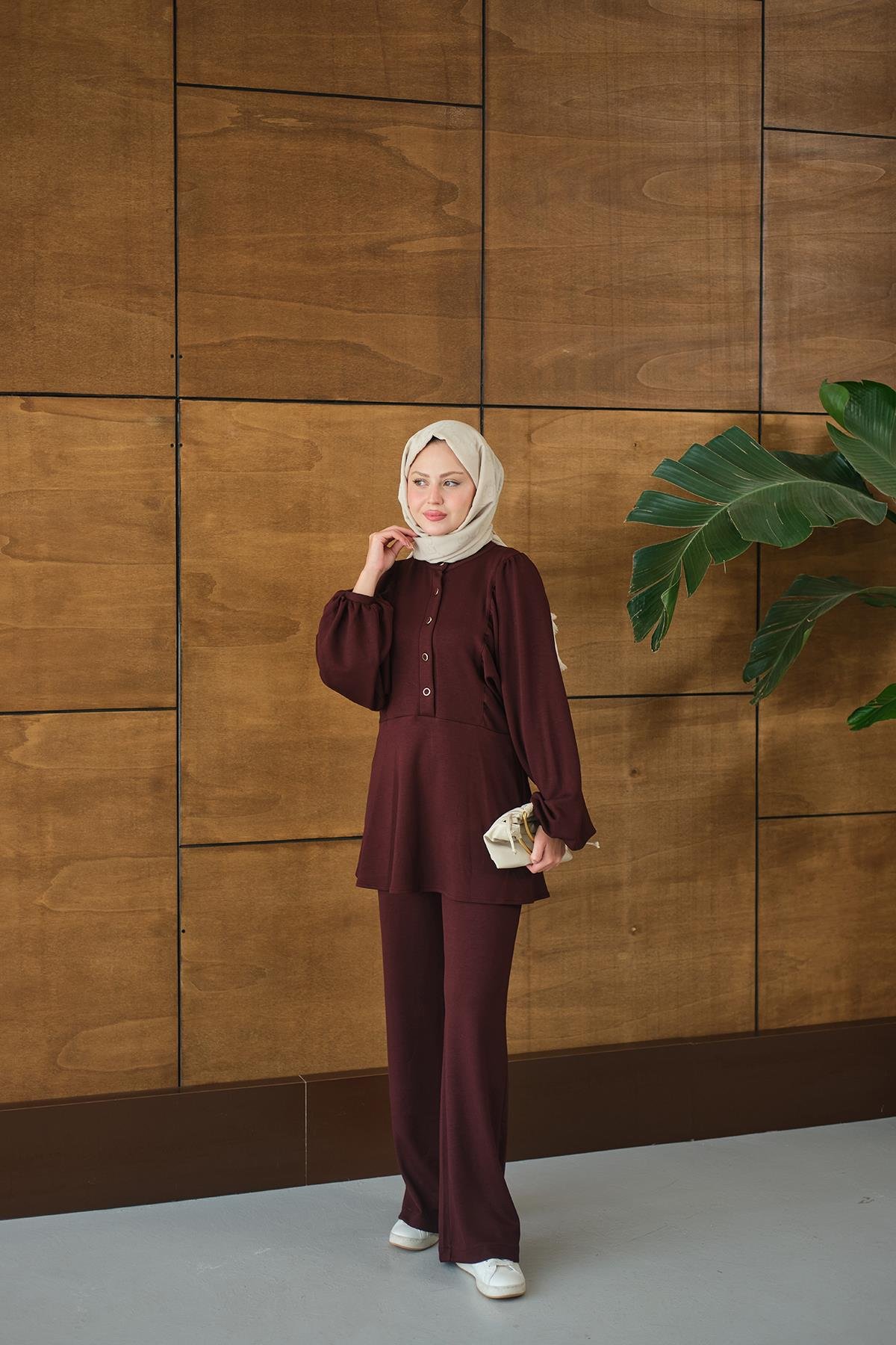 Çıtçıt Büzgü Detay İkili Takım Bordo