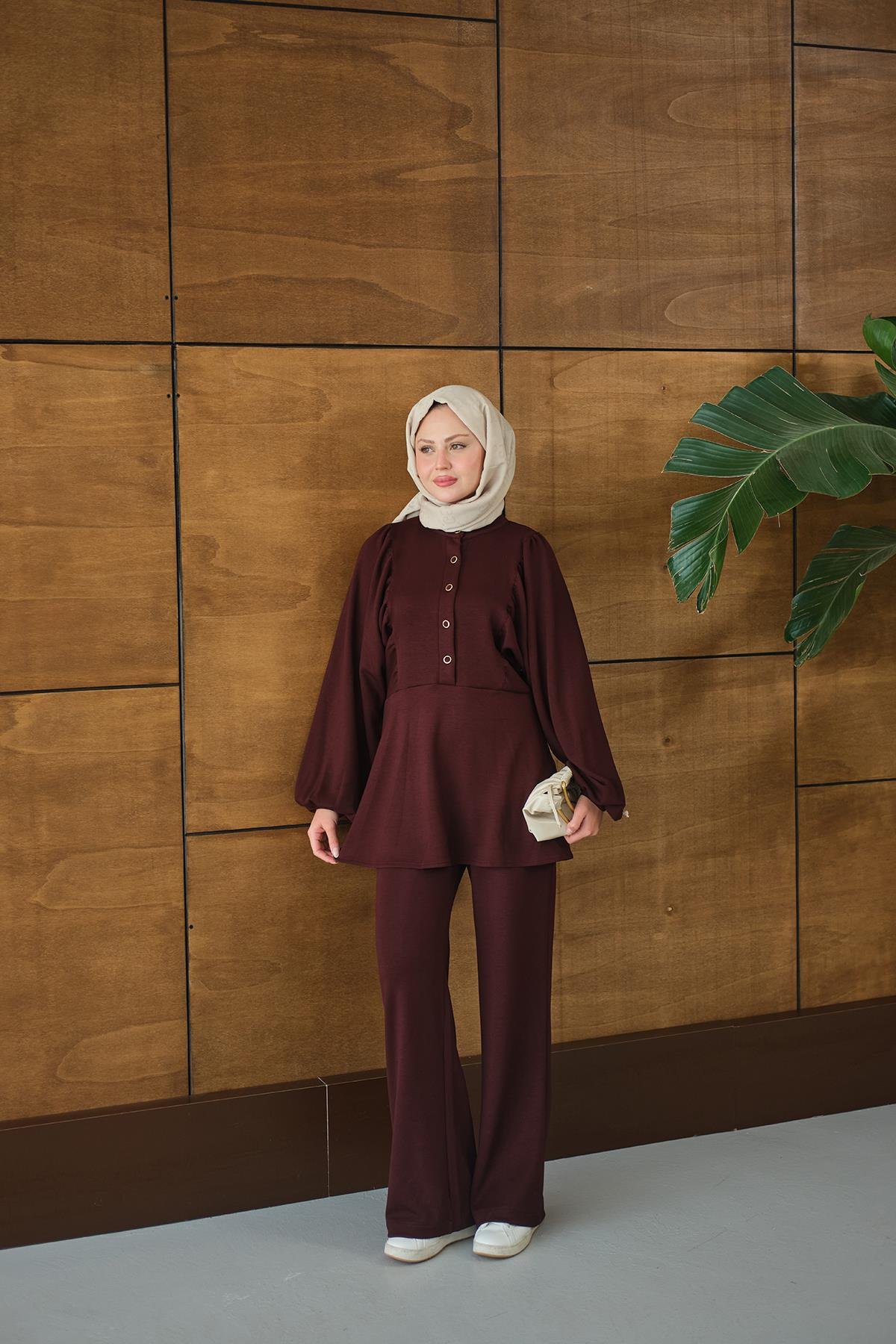 Çıtçıt Büzgü Detay İkili Takım Bordo