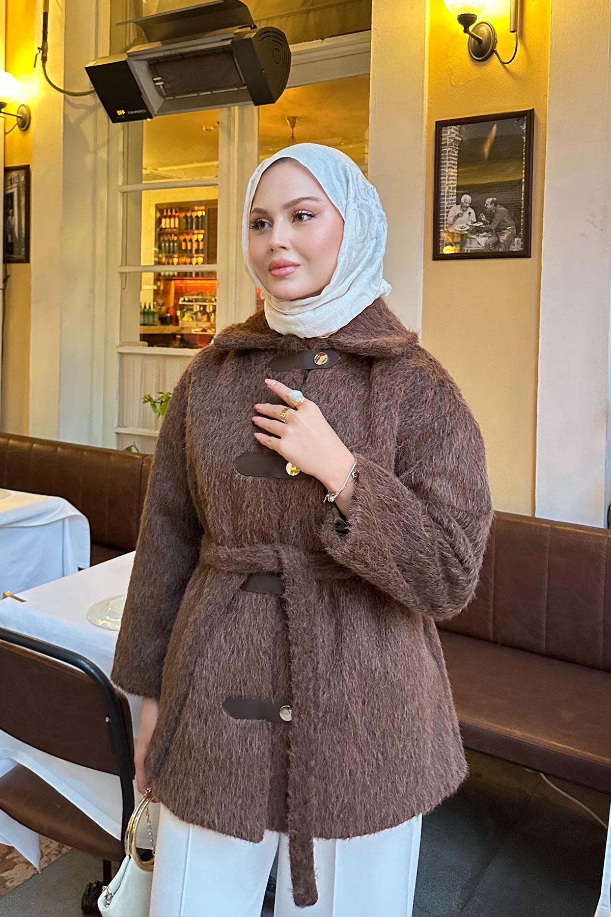 Çıtçıt Detay Bel Bağlamalı Kaban Kahverengi