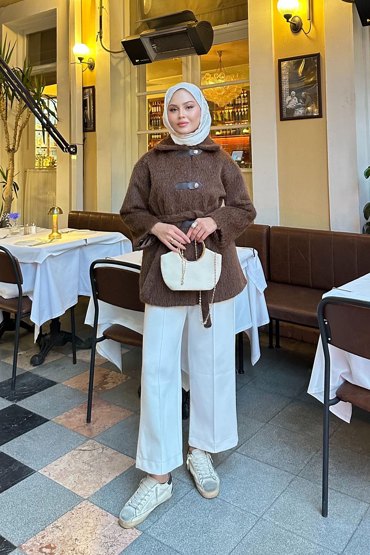 Çıtçıt Detay Bel Bağlamalı Kaban Kahverengi