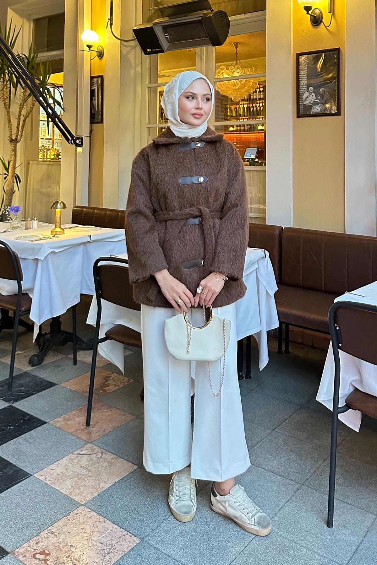 Çıtçıt Detay Bel Bağlamalı Kaban Kahverengi