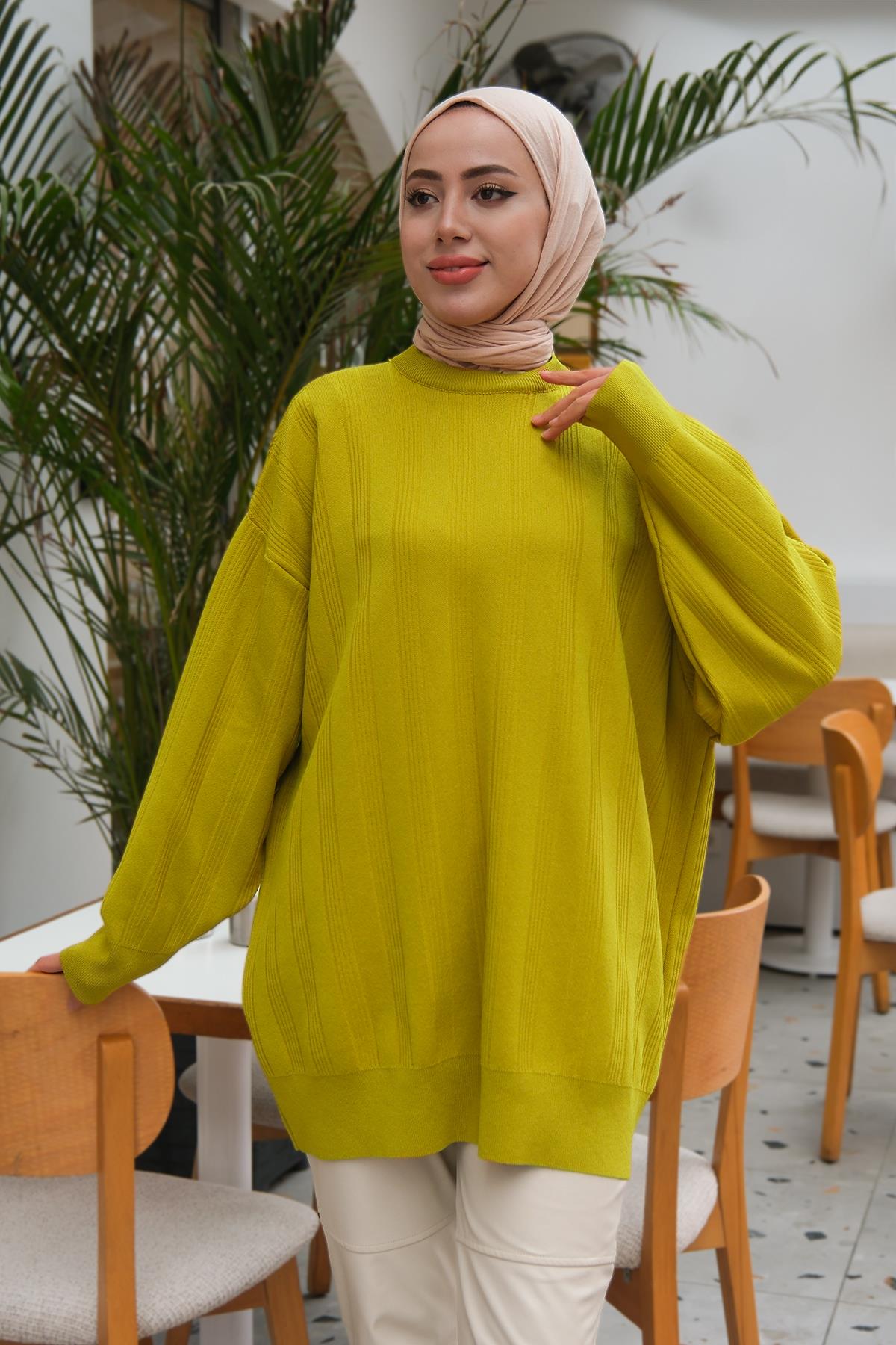 Çizgi Desen Triko Kazak Yağ Yeşil