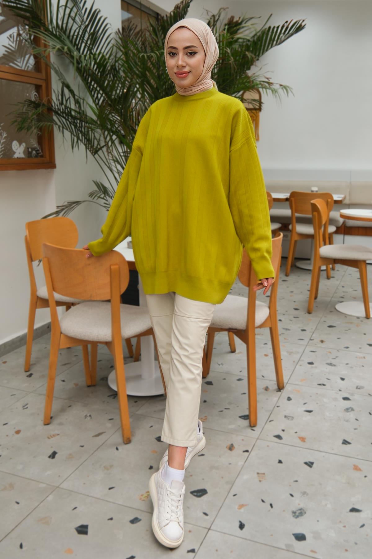 Çizgi Desen Triko Kazak Yağ Yeşil